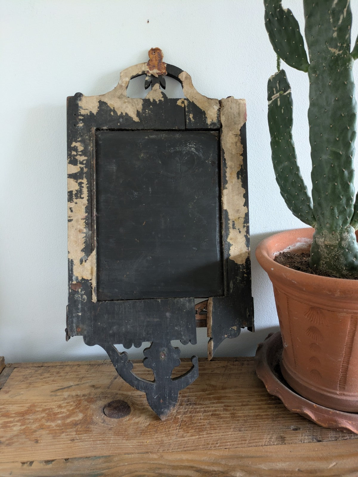 Antique 19th Cent Victorian Ebonised Wood Wall Sconce Mirror Glass Candle Shelf
