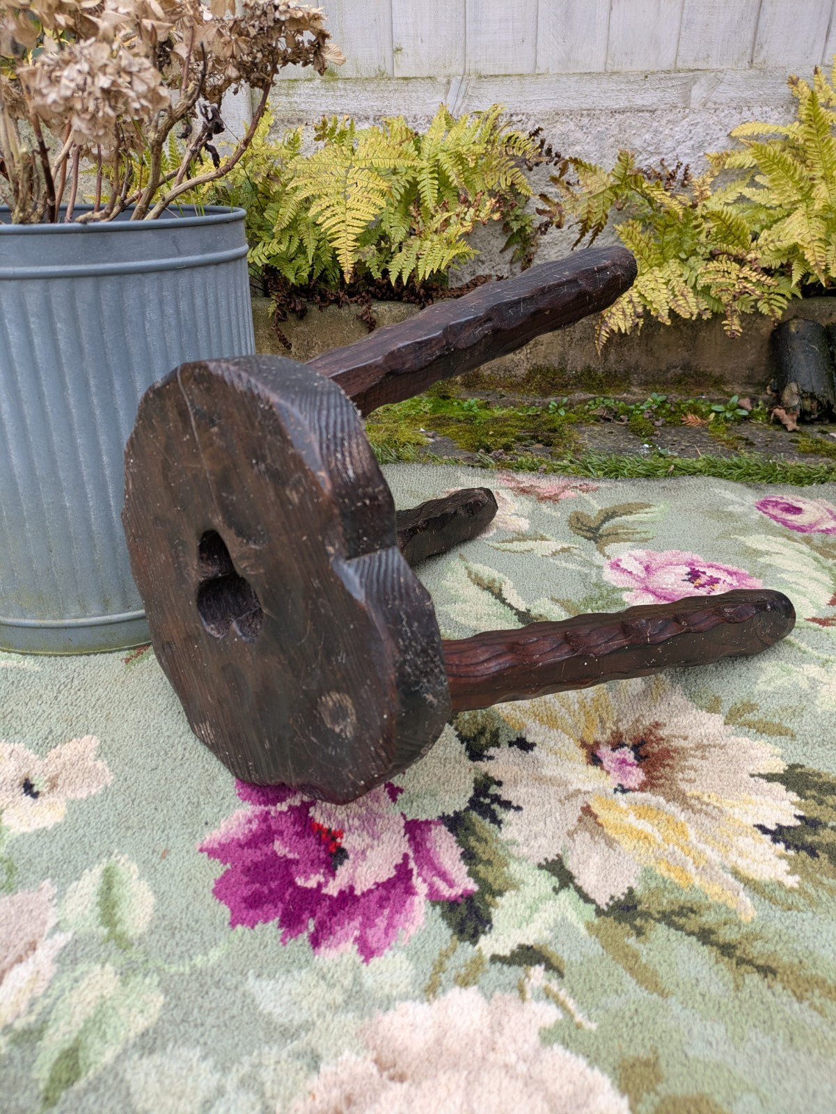 Vtg Hand Carved Stool Campaign Brutalist Screw Leg Wooden Milking Tripod Seat