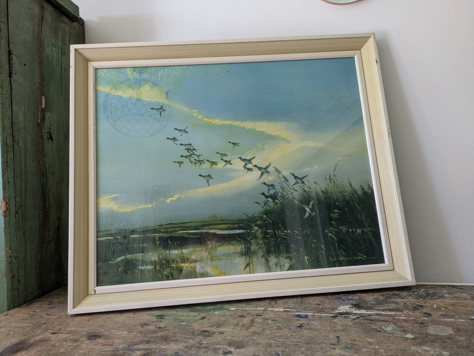 Vintage 1960s Print of Ducks Birds Flight Painting Vernon Ward Retro Seascape 