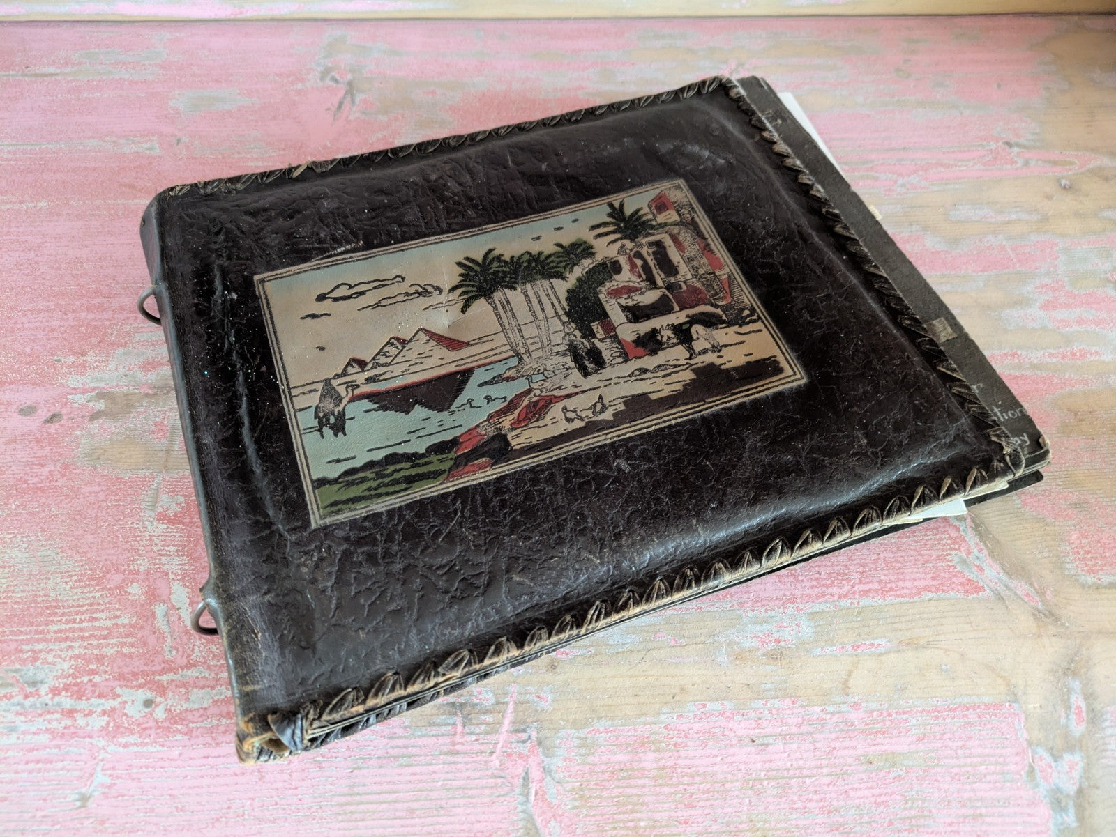 Vintage 1940s WW11 Egyptian Leather Brown Large Photo Album Full Ephemera Photos