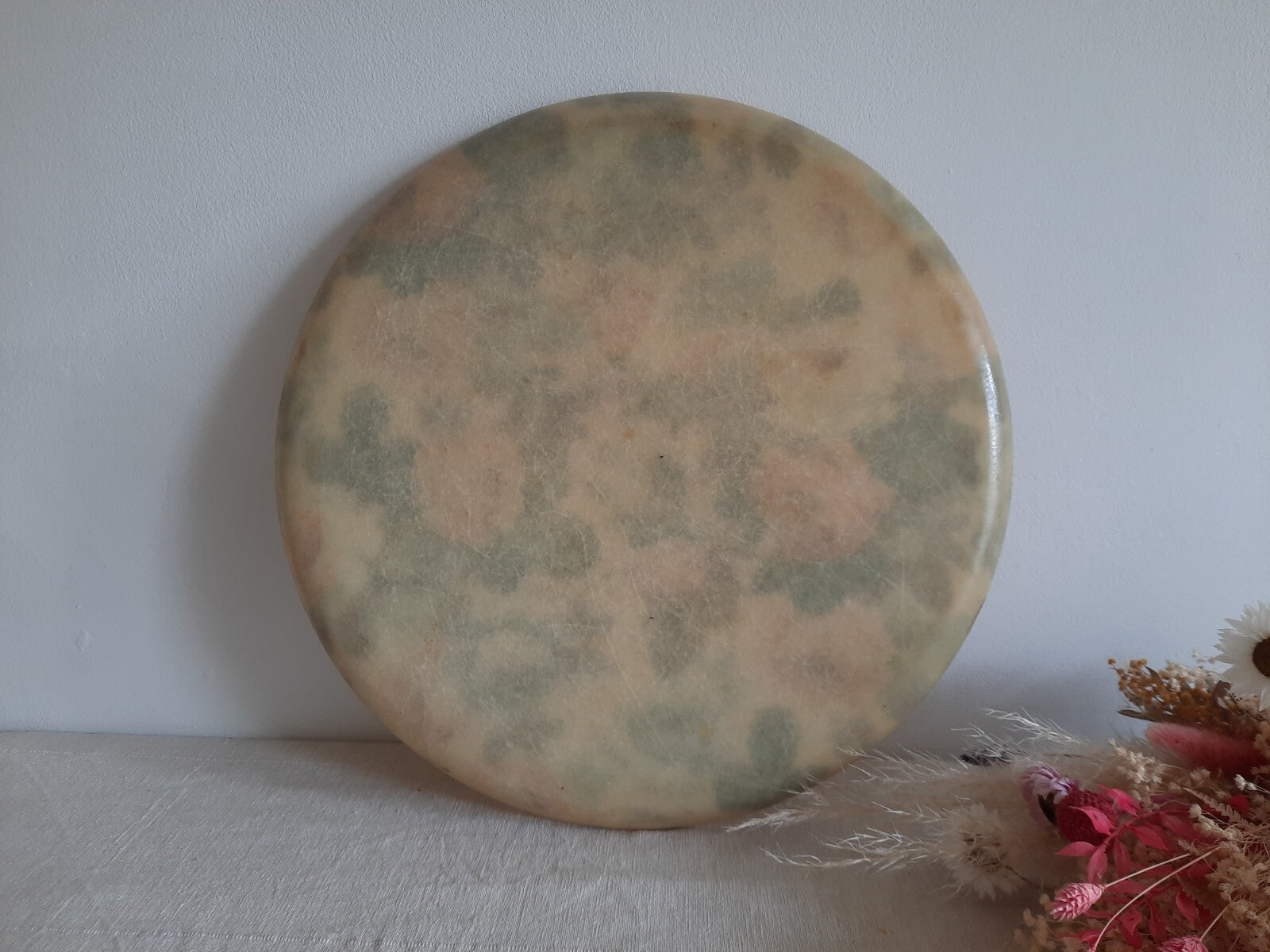Vintage Cabbage Rose Tray Floral Fiberglass Round Dinner Serving Kitchen Tea Old