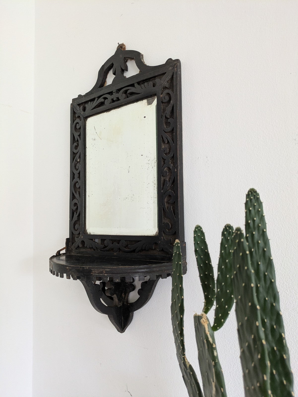 Antique 19th Cent Victorian Ebonised Wood Wall Sconce Mirror Glass Candle Shelf