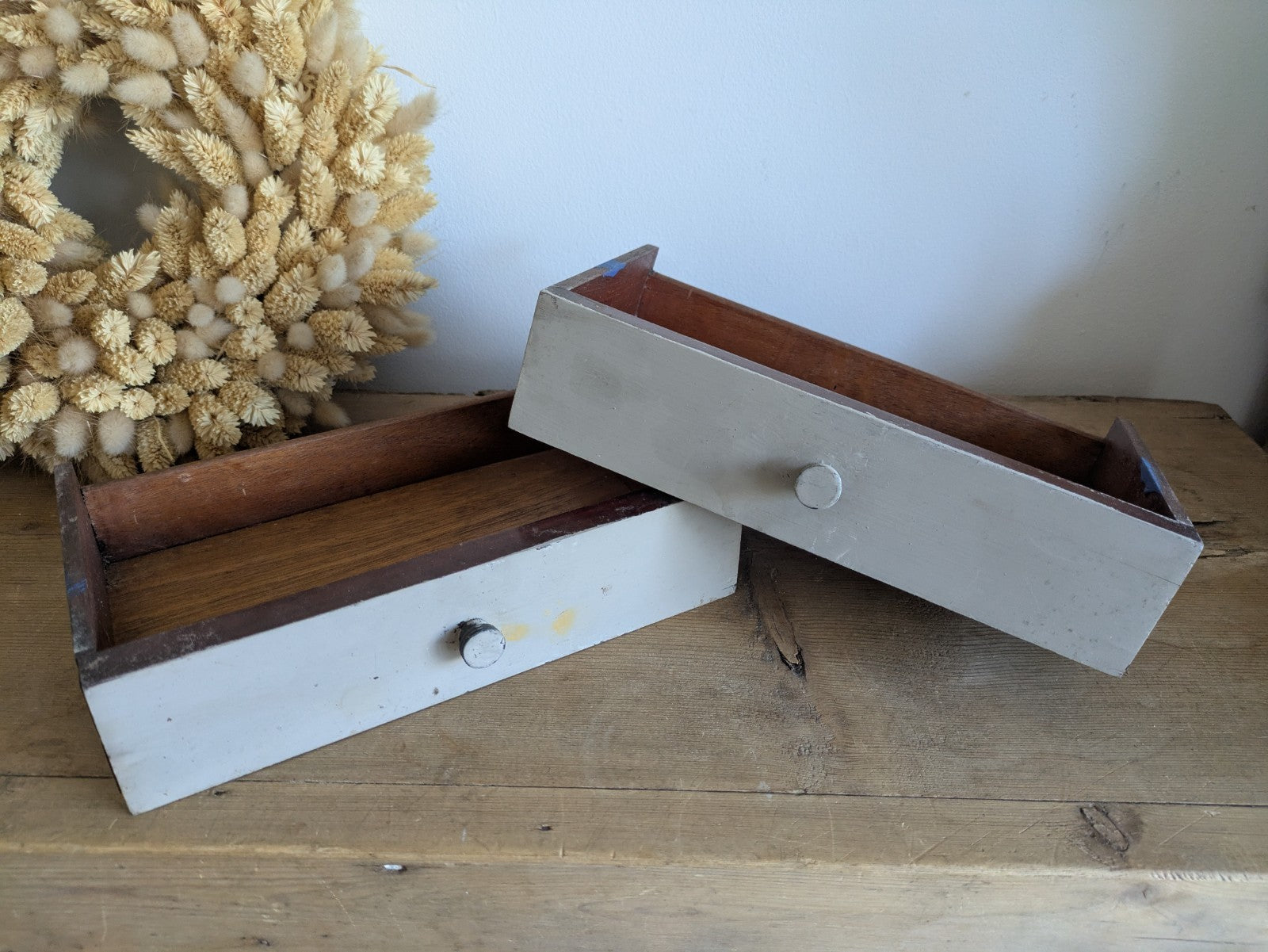 2x Vintage Wooden Engineering Boxes Drawers Apothecary Craft Display Tray Antiqu