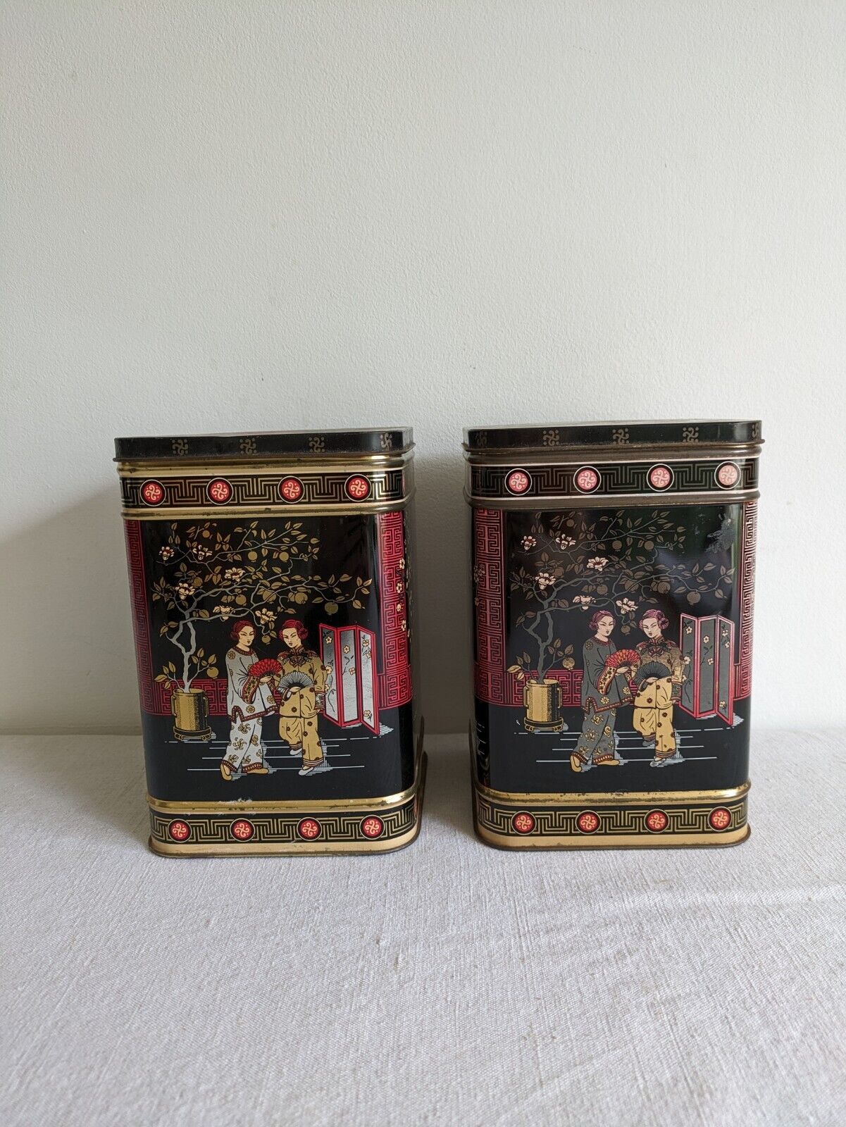 2x Original Vintage Japanese Black TEA Two Pound Tin Metal Made In England Large