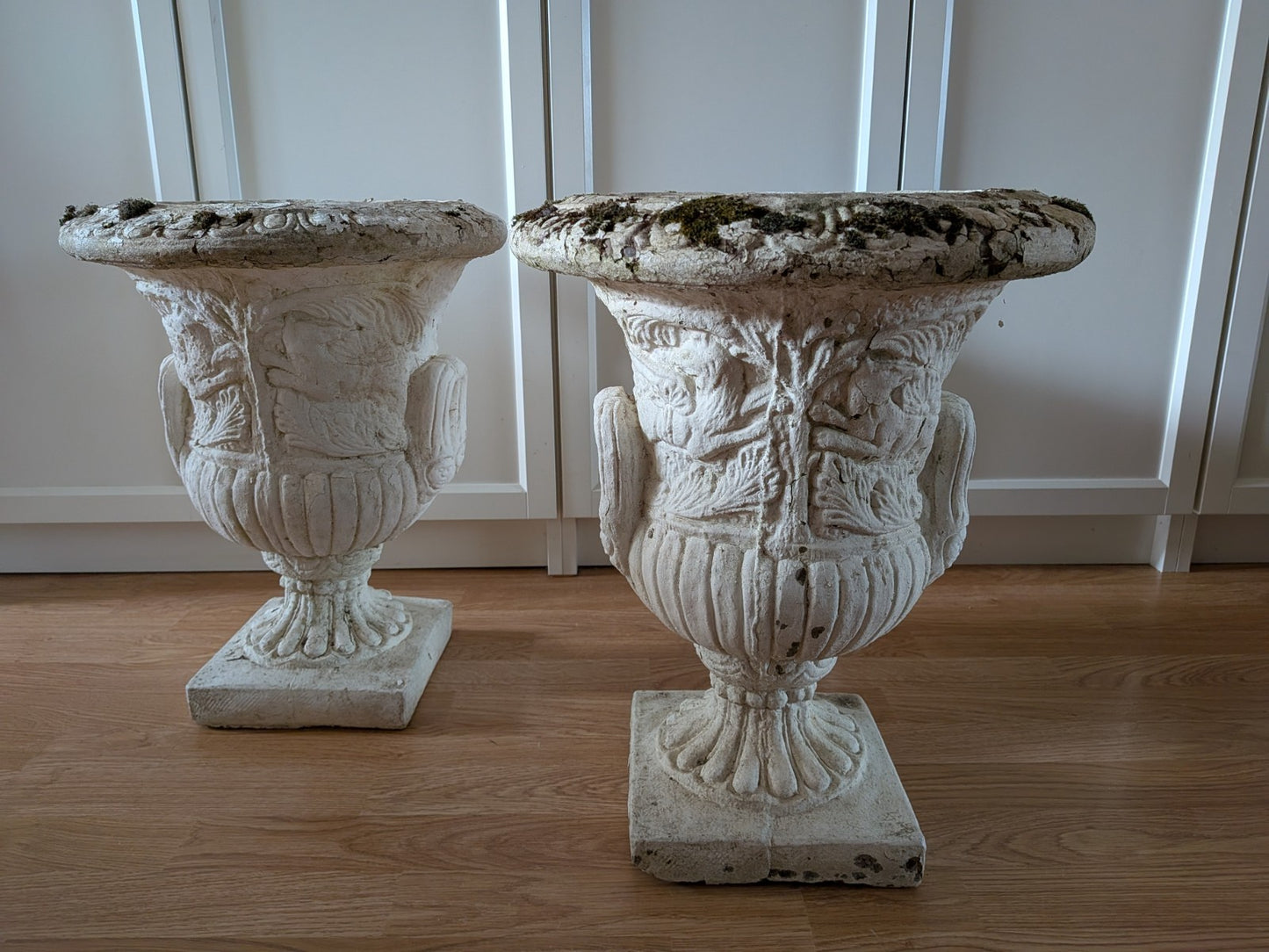 Pair Reclaimed Classical Medici Garden Urn Planter Cast Stone Handles Weathered