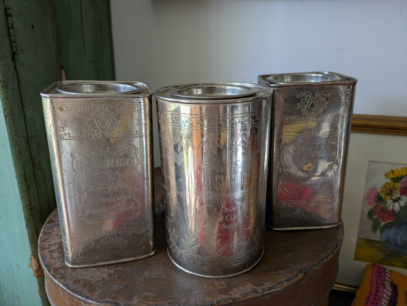 Vintage Canister Set Finest Quality Cuban Sugar, Coffee, Fine Teas Silver Metal