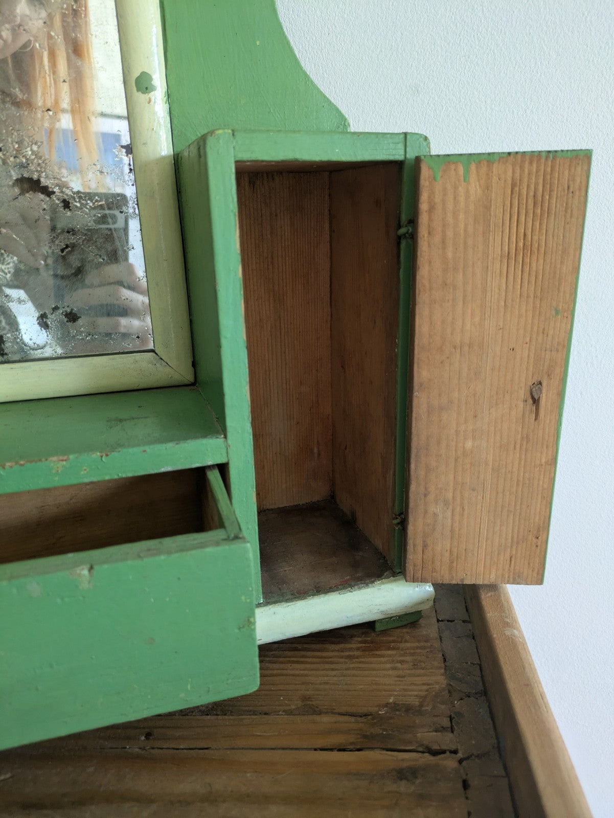 Antique Romanian Art Deco Wood Table Vanity Mirror Drawers Green Cupboard Wall