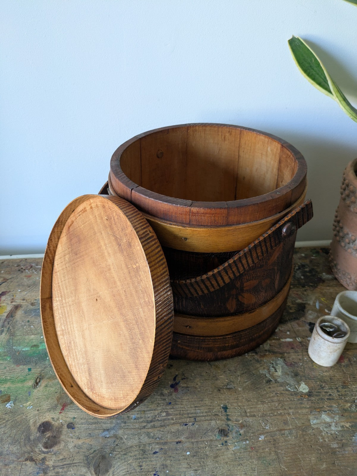Antique Vtg Sugar Firkin Bucket w. Lid & Handle Pantry Carved Design Primitive