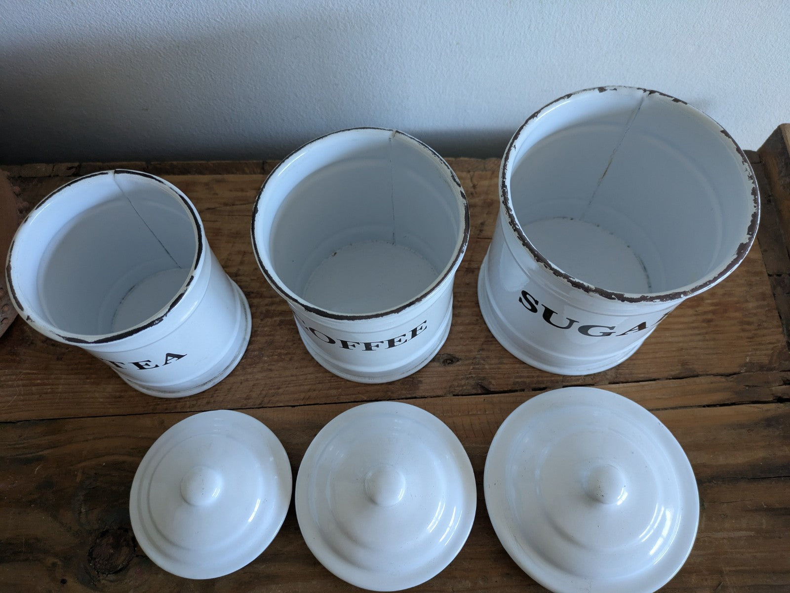 Vintage White Enamel Canisters Set Metal Tins Jars Antique Vgc Shabby Chic Clean