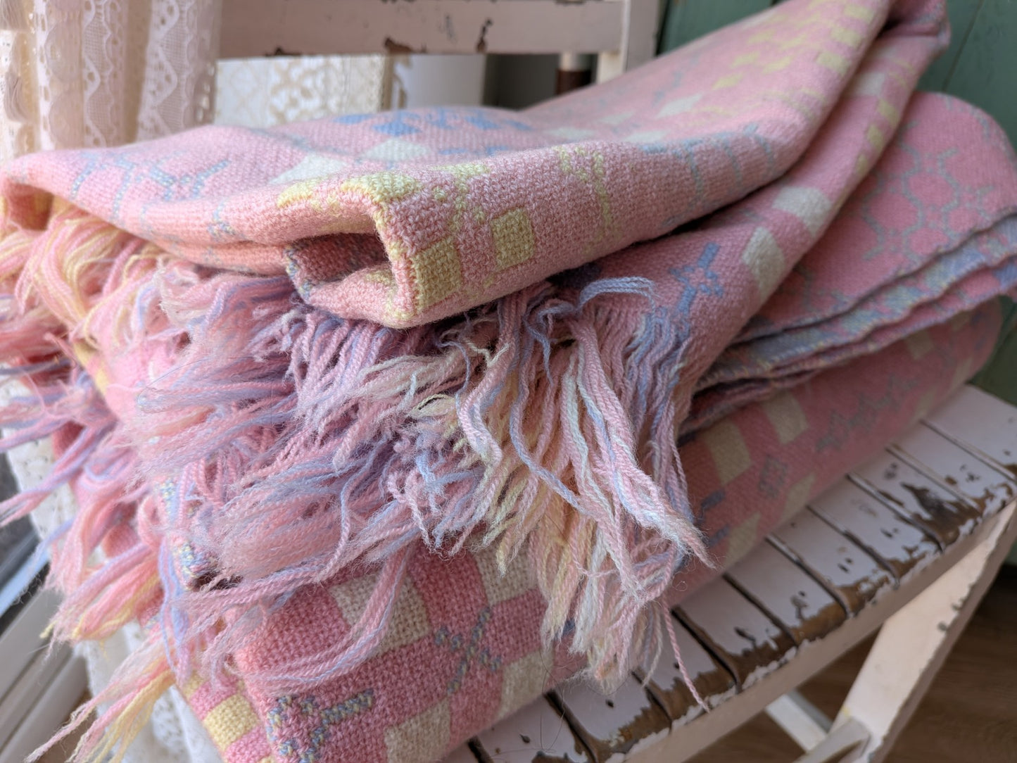 Welsh Wool Tapestry Blanket Throw Pink Blue Reversible Double 227cm x 156cm Vtg