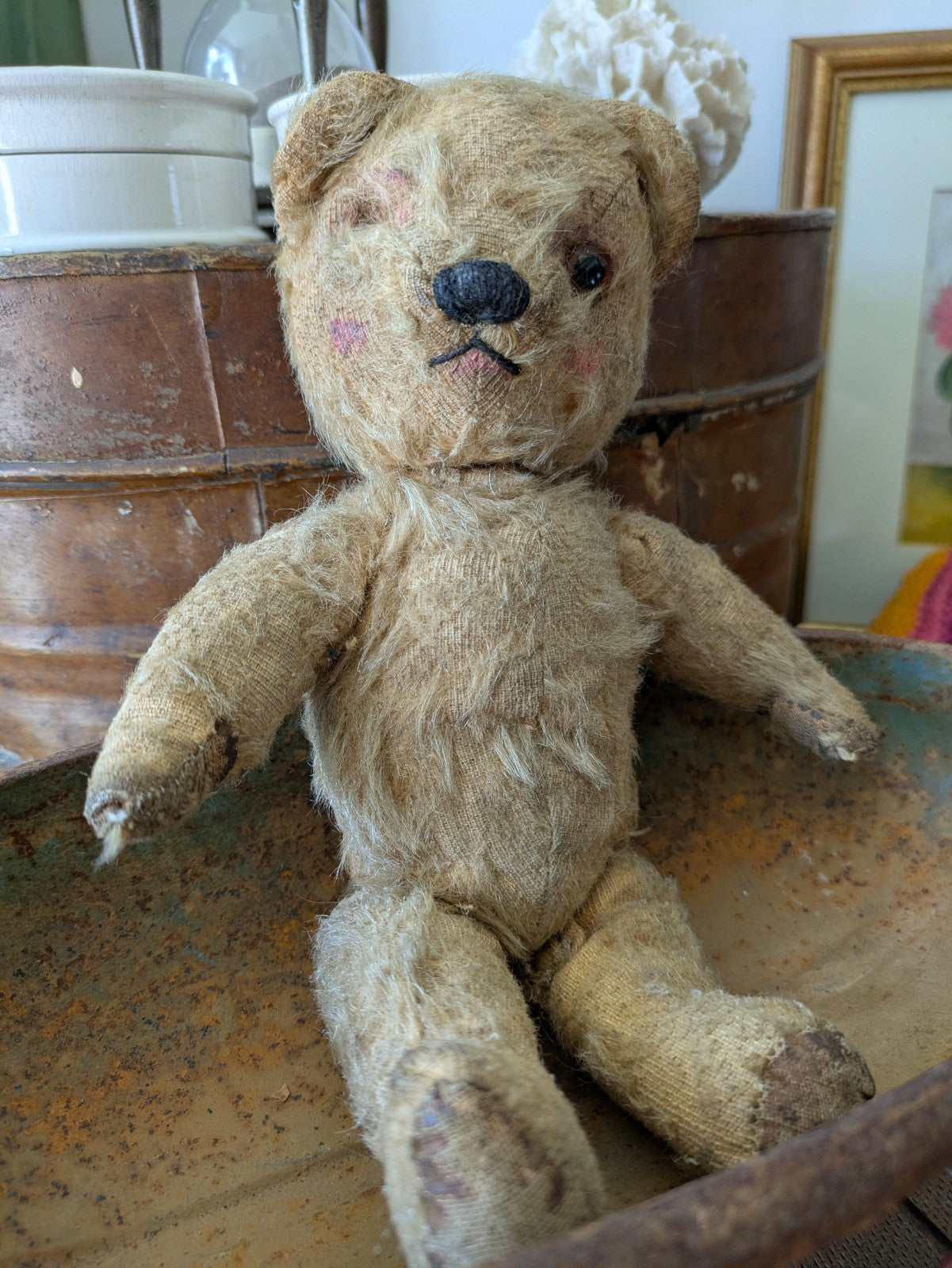 Antique Small Jointed Old Mohair Teddy Bear straw stuffed vintage RARE worn toy