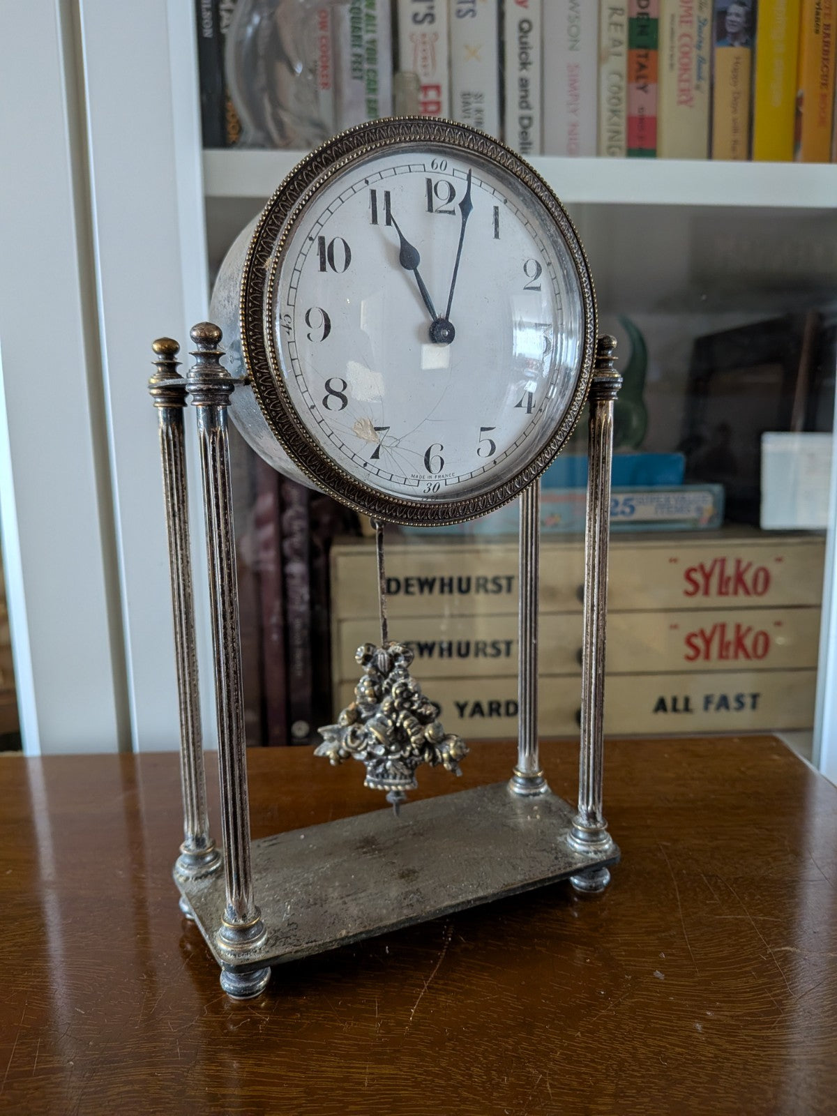 Antique French Portico Drumhead Mantel Clock Pendulum Silver-Plated VTG Art Deco