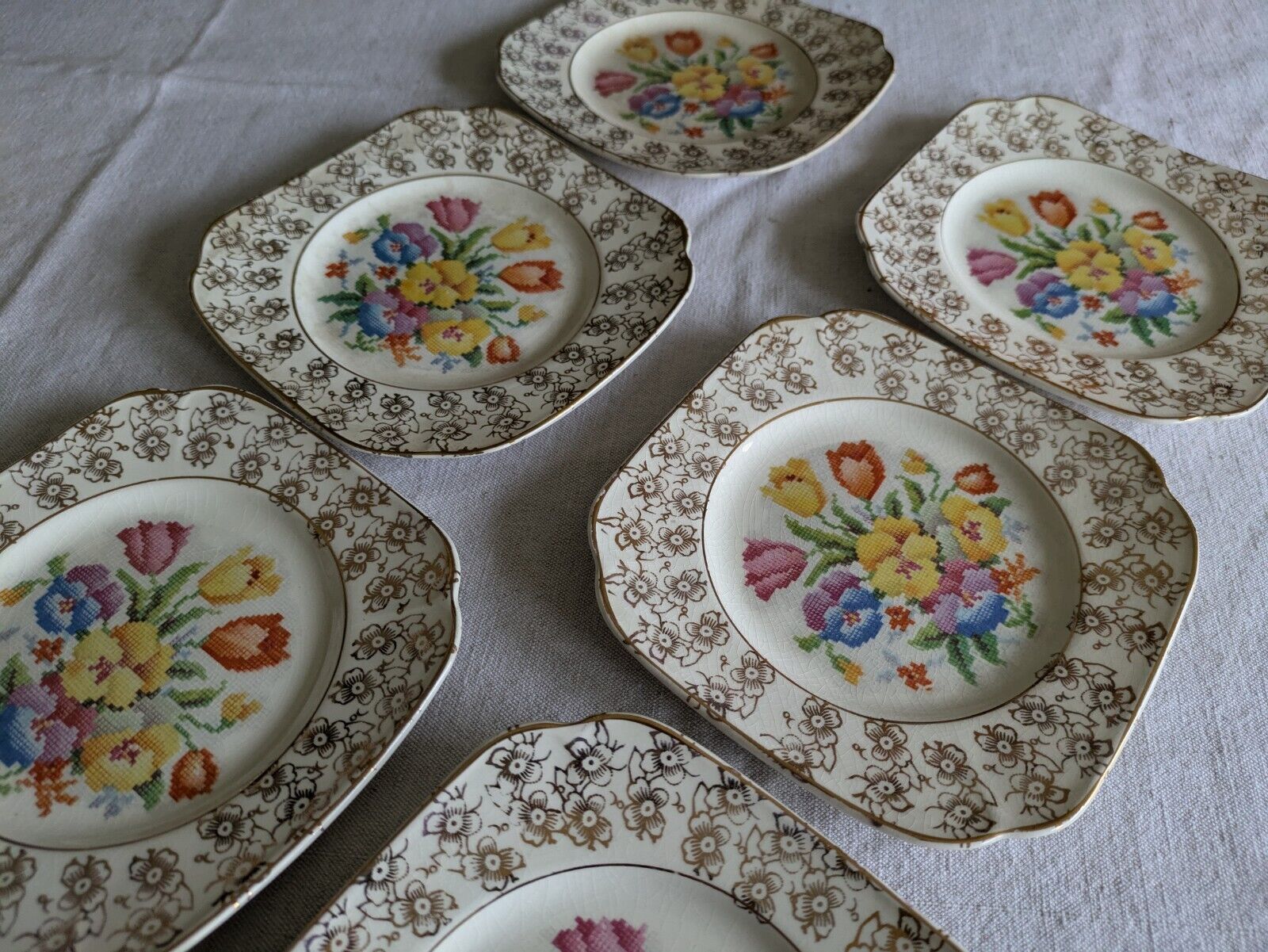 6x Vtg Coronet Ware Tapestry English Sampler Side Plates Parrott & Co Burslem 