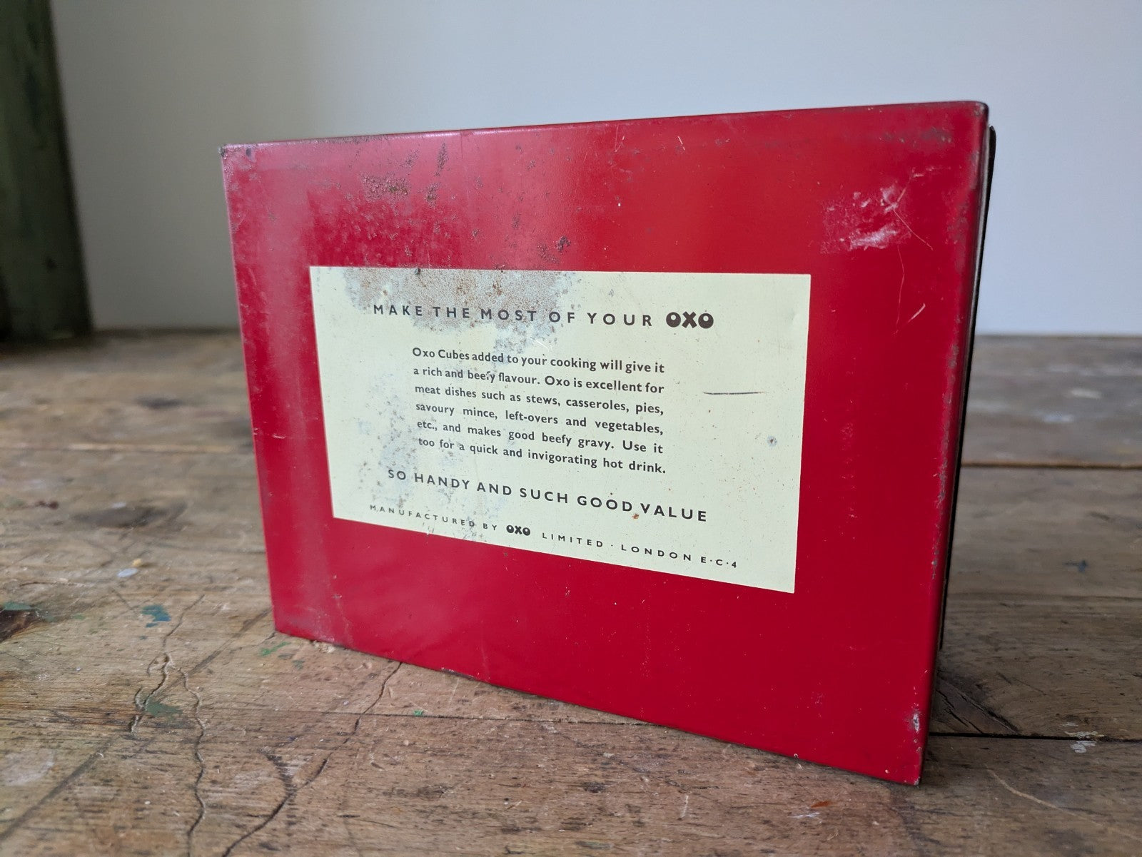 Vintage 1950s OXO Tin Box Metal Storage Advertising Red Kitchen Prop 24 Cube 