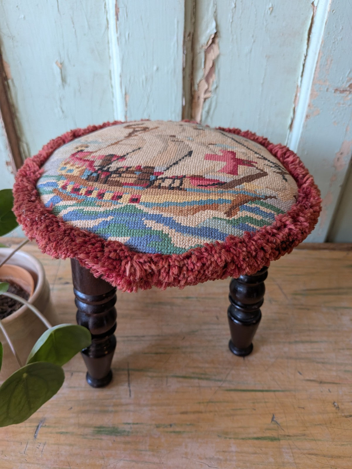 Victorian Tripod Needlepoint Foot Stool Ship Sailing Seat Tapestry Antique Vtg