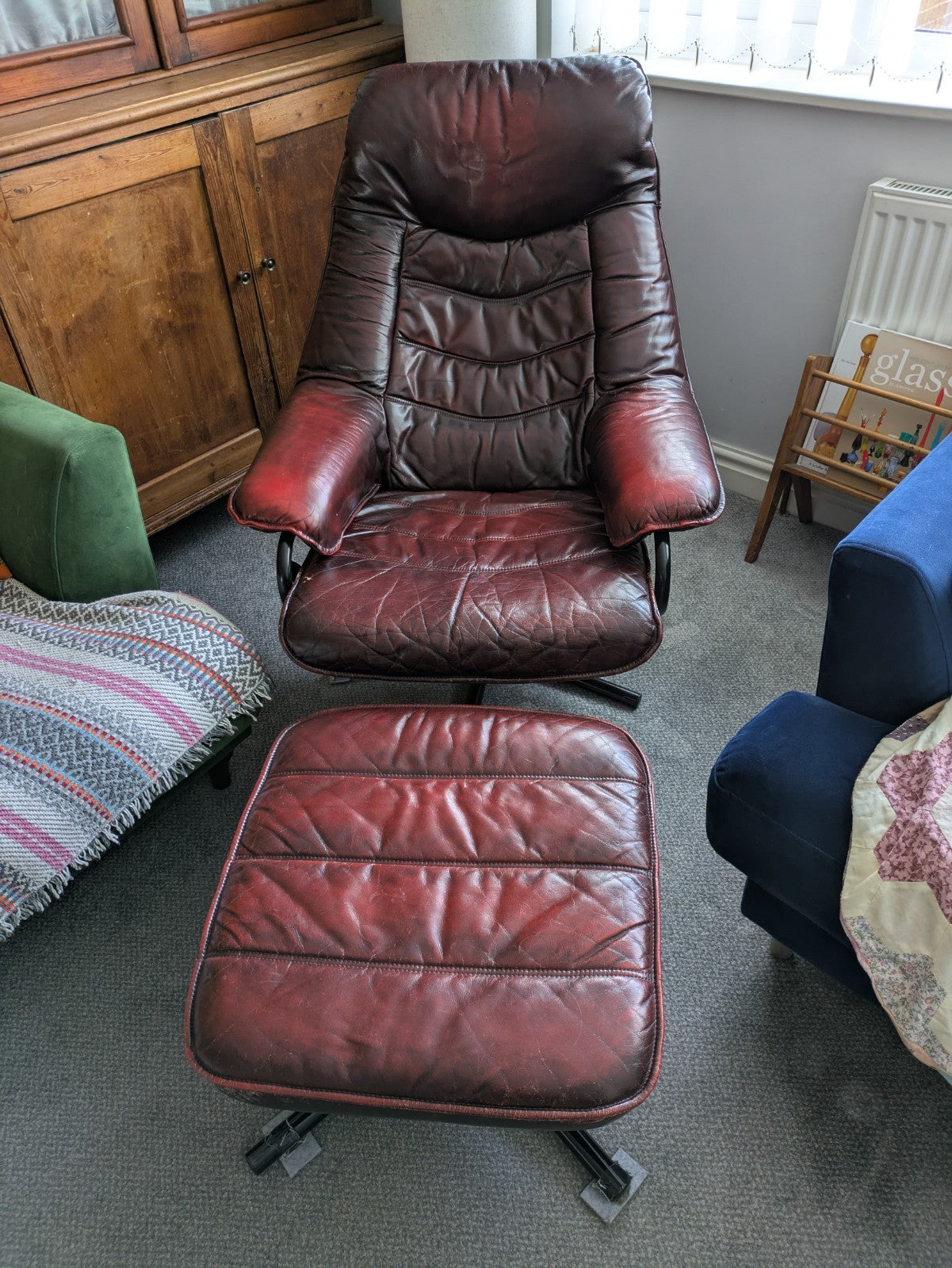 MCM Skoghaug Industries Oxblood Red Leather Swivel Recliner Armchair & Stool 60s