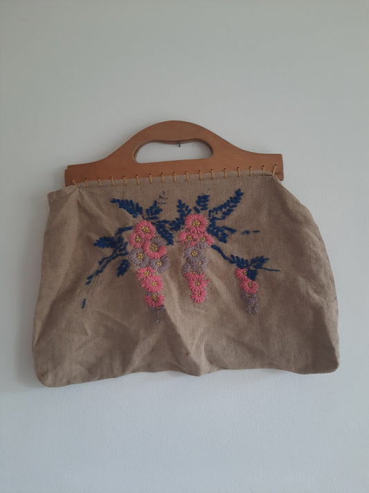 Antique 30s 40s Embroidered Needle Shopper Bag Basket Floral Design Vintage Wood