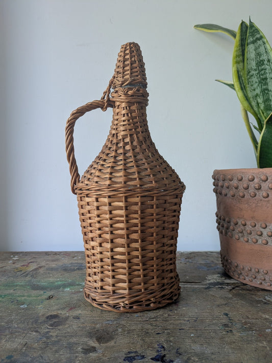 Vintage French Glass Demijohn Wine Bottle Wicker Rattan Large Prop Decor Cap Lid