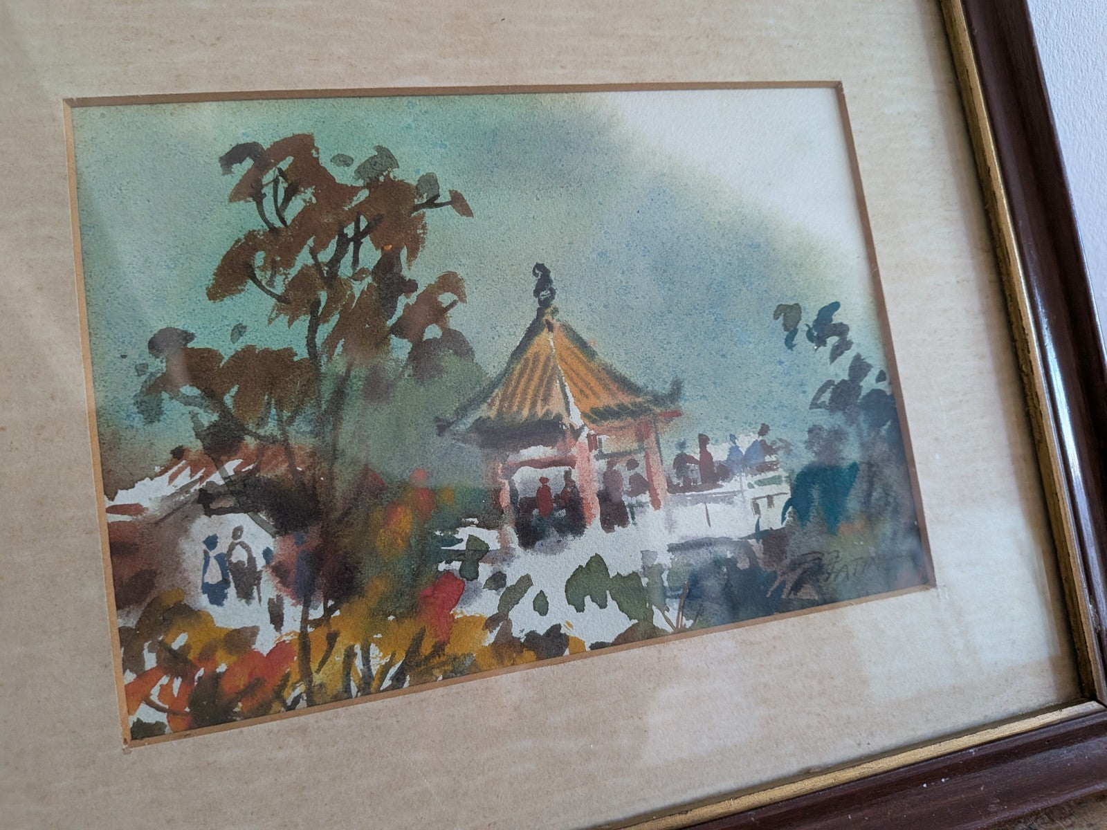 Vintage Traditional Chinese Asian Watercolour Framed Art Painting Pagoda Signed