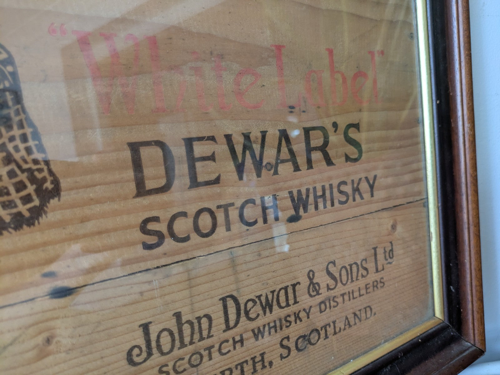 Dewars Whisky White Label Shop Pub Brewery Advertising Wooden Sign Framed Scotch
