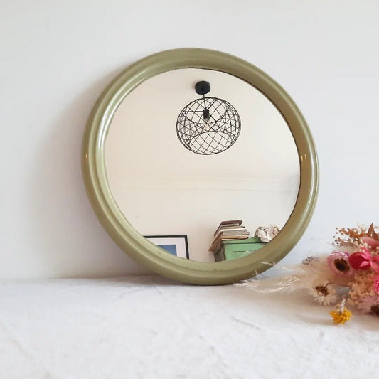 RETRO MID CENTURY DUTCH 'TIGER' ROUND MIRROR GREEN KITSCH ORIGINAL WALL PROP OLD
