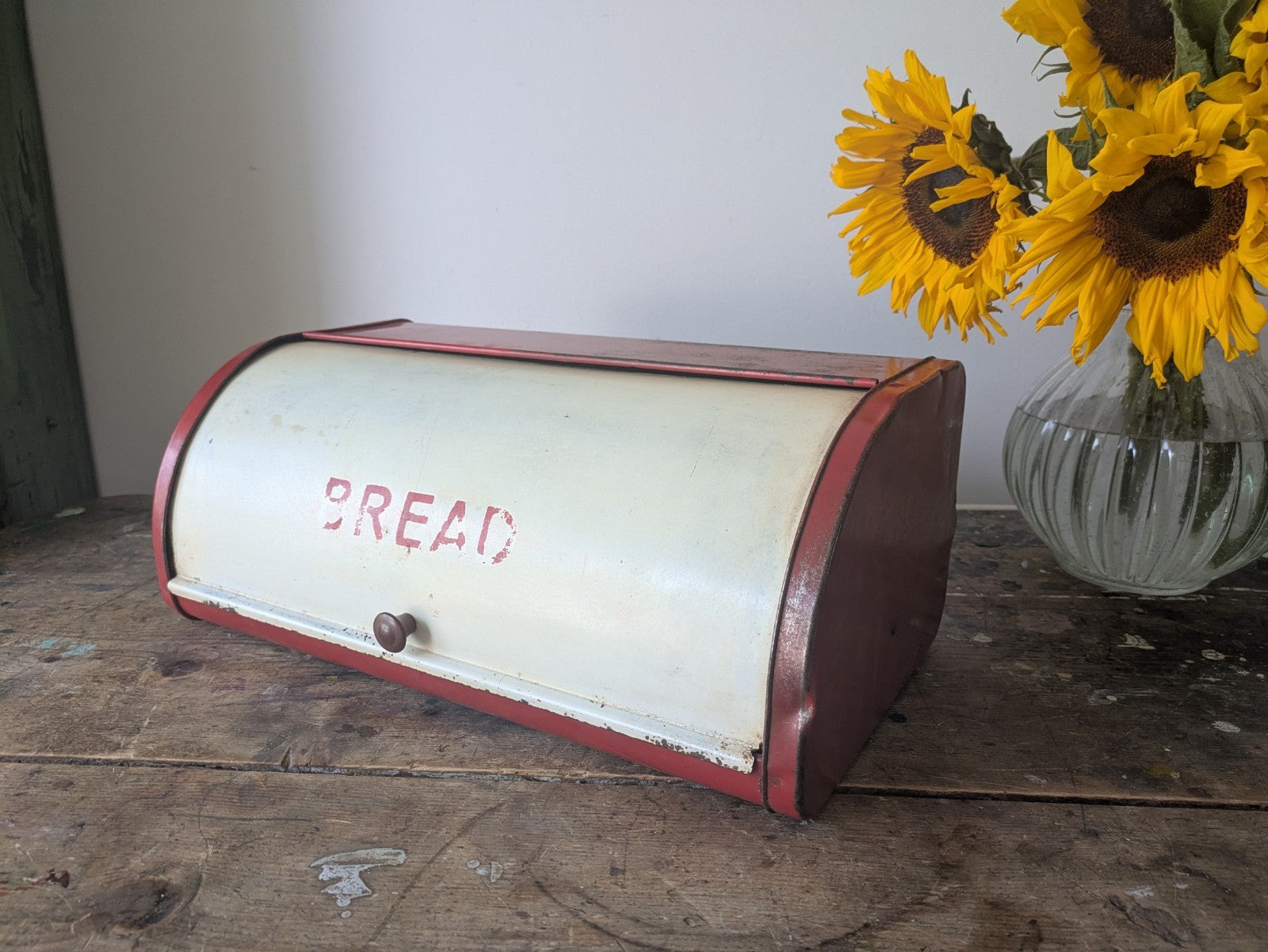 Vintage Red Cream Bread Bin Roll Top Metal Kitchen Storage Retro England Prop