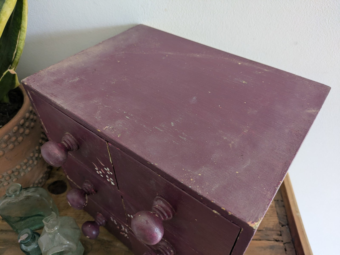 VTG Painted Drawer Office Craft Drawers Table Desk Top Index Work Sewing Purple