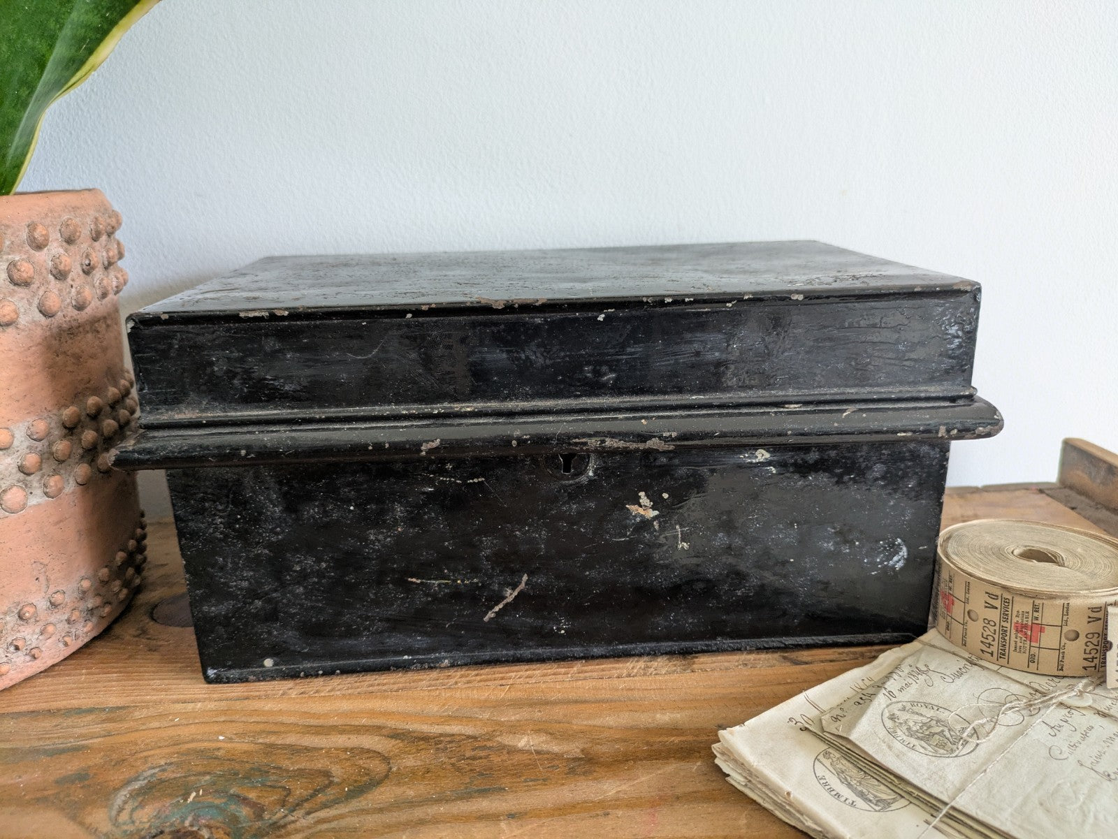 Vintage Metal Box Document Deed BOX  Black Latch Hinged Lid Medium Cash Tin File