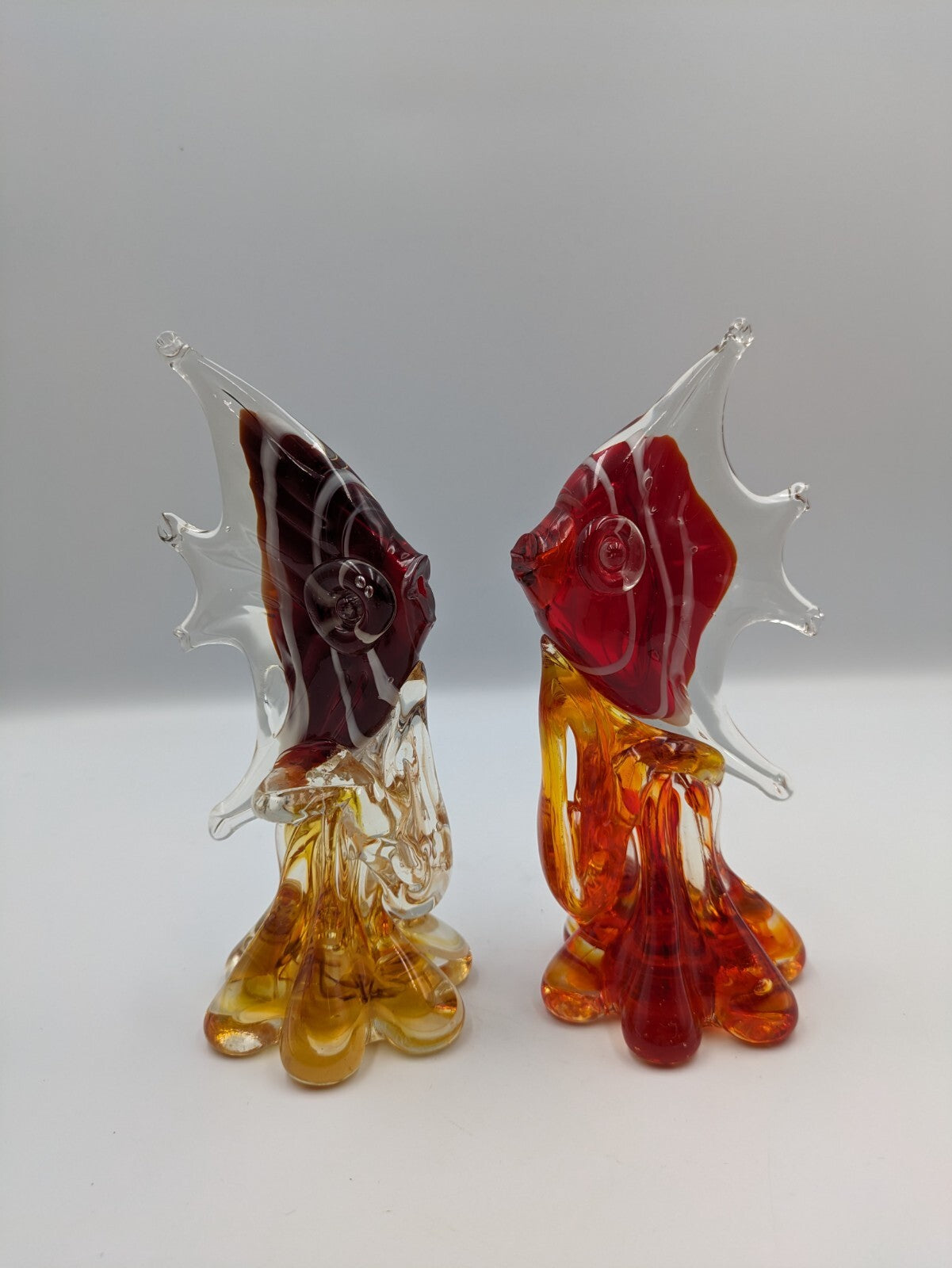 2x Glass Hand Blown Red Orange White Angel Fish Paperweight Figurine Art Deco