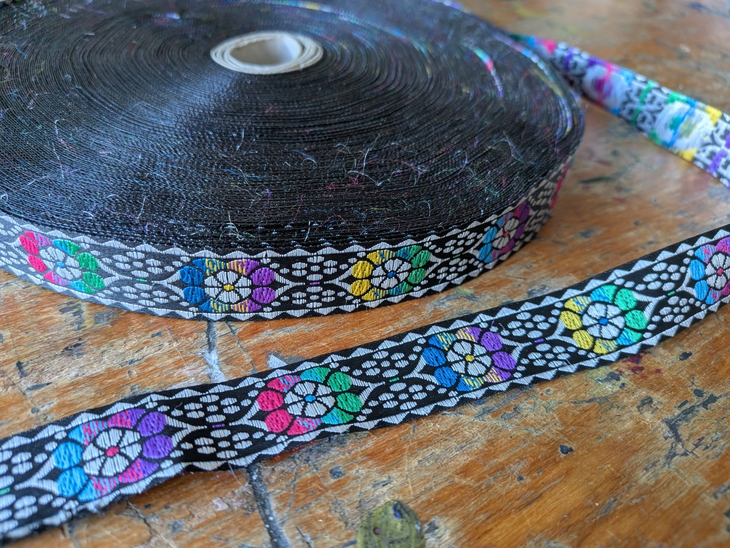 Jacquard Ribbon Black Dotty Roll Patterned Floral Multicoloured Black Trim Craft