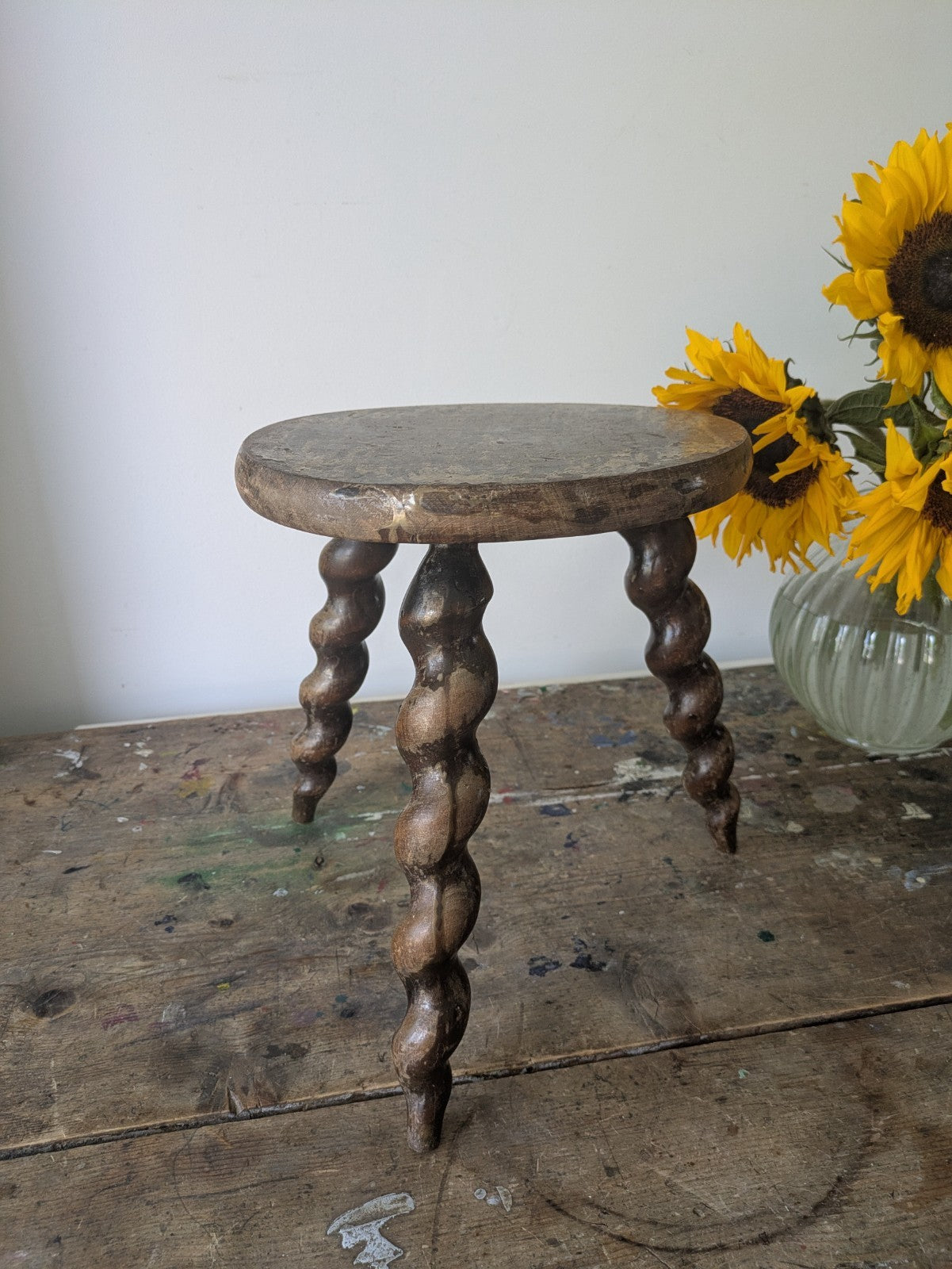 Antique french plant table Mid-1900's woodwork stool Twist Leg Tripod Spiral 