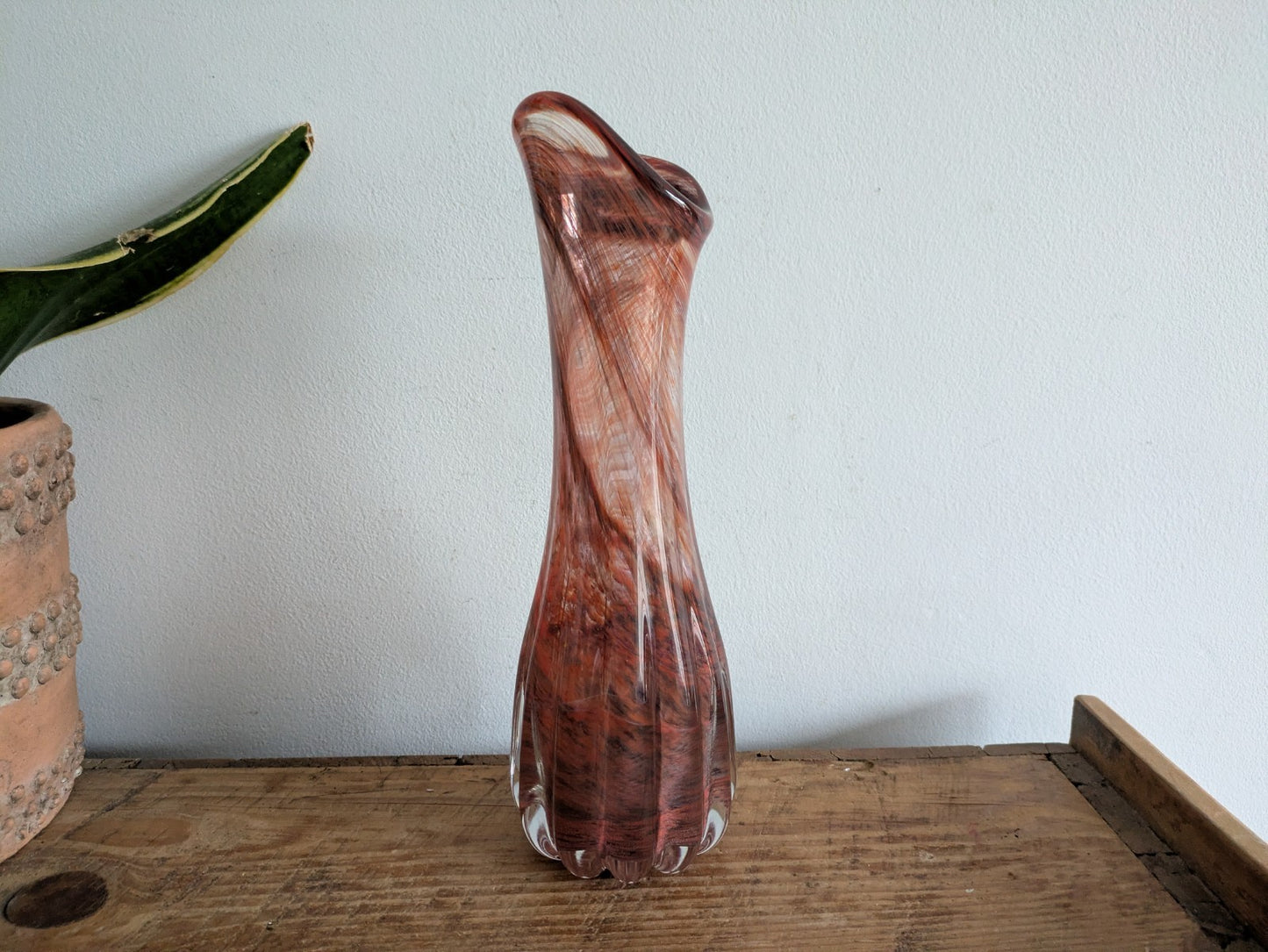 VTG Murano? Studio Art Glass Hand Blown Brown Vase Tall Ribbed Fluted MCM Prop