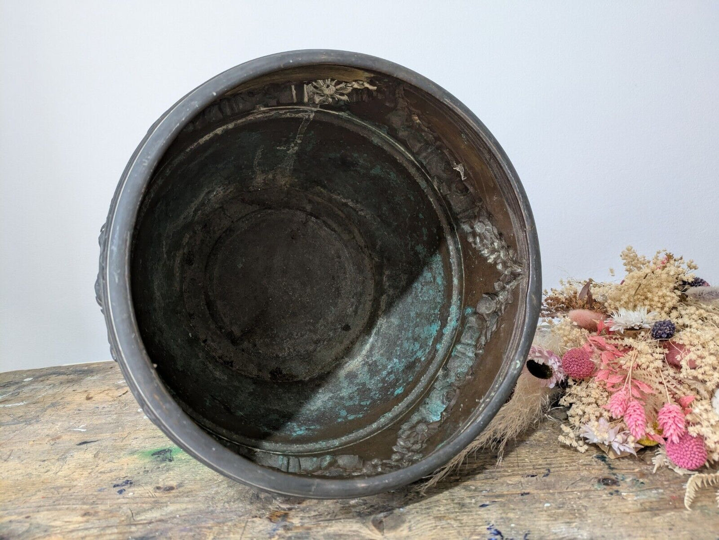 Antique Arts & Crafts Brass Planter Large Size Aspidistra Plant Pot Swags Floral