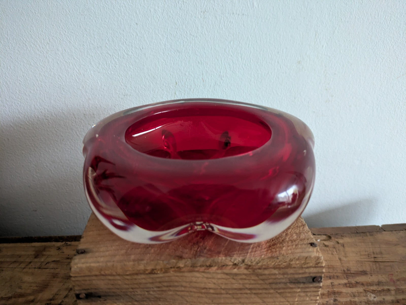 Whitefriars Ruby 5 Lobed Dish PatNo.9408 Flower Shape Cased Red Bowl Vtg Retro