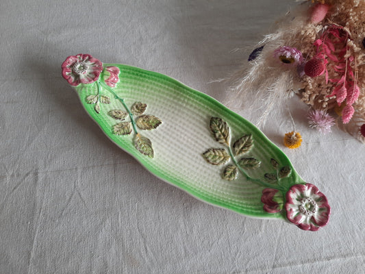 Shorter & Son Hand Painted Long Dish Green Floral Cabbage Lettuce Ware Vtg 1930s