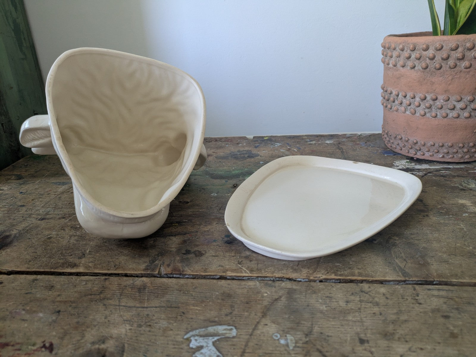 Rare Bull Head Cheese Dish Cloche With Plate Vintage Antique Cream Ceramic Old 