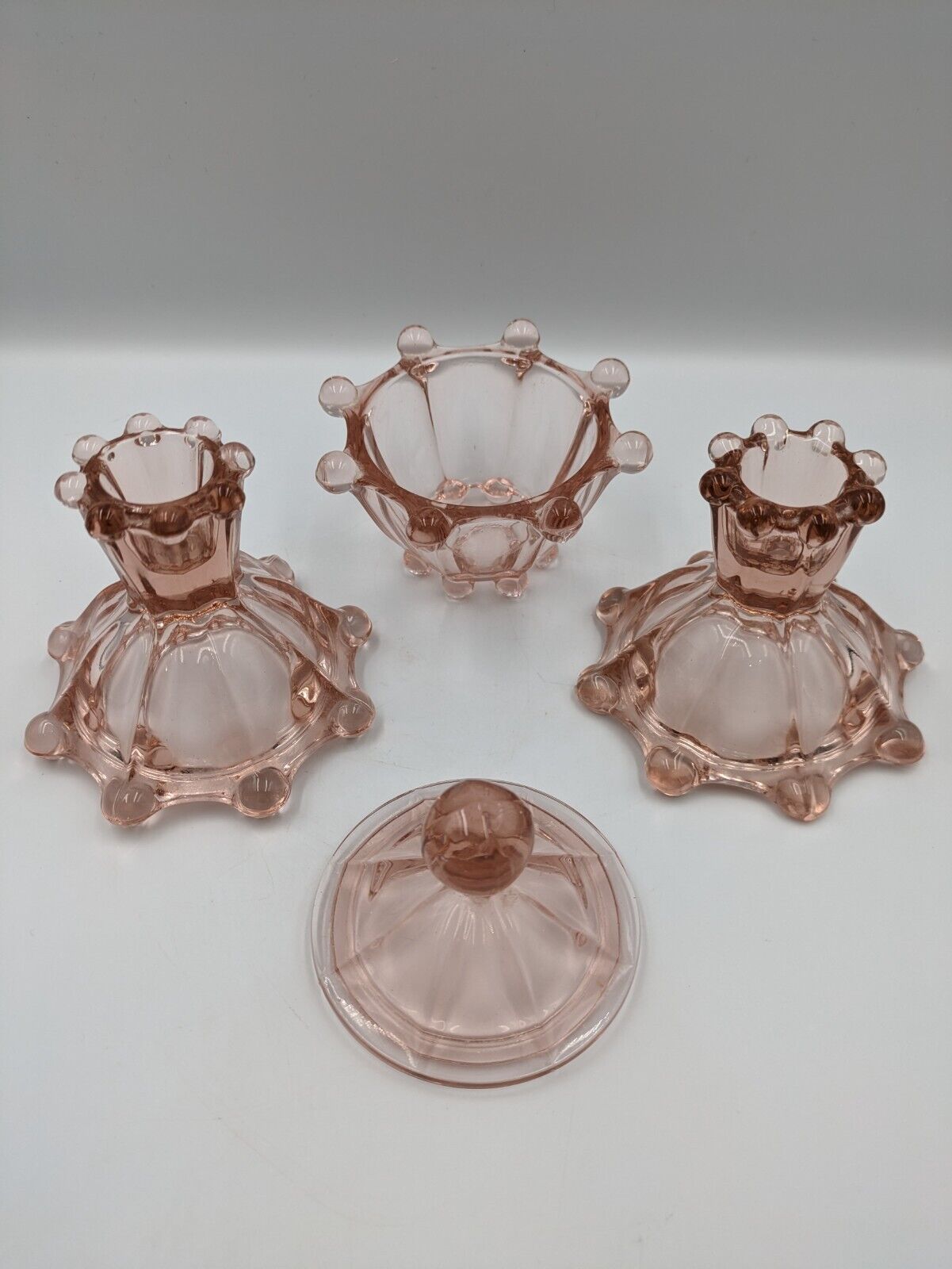 ART DECO VINTAGE GLASS DEPRESSION PINK GLASS CANDLESTICKS & LIDDED POT VANITY 