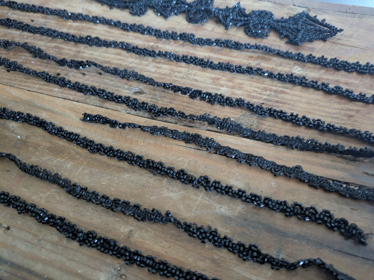 1800s Lot VICTORIAN TRIM Black Beaded Mourning Hand Sewn Applique Haberdashery 