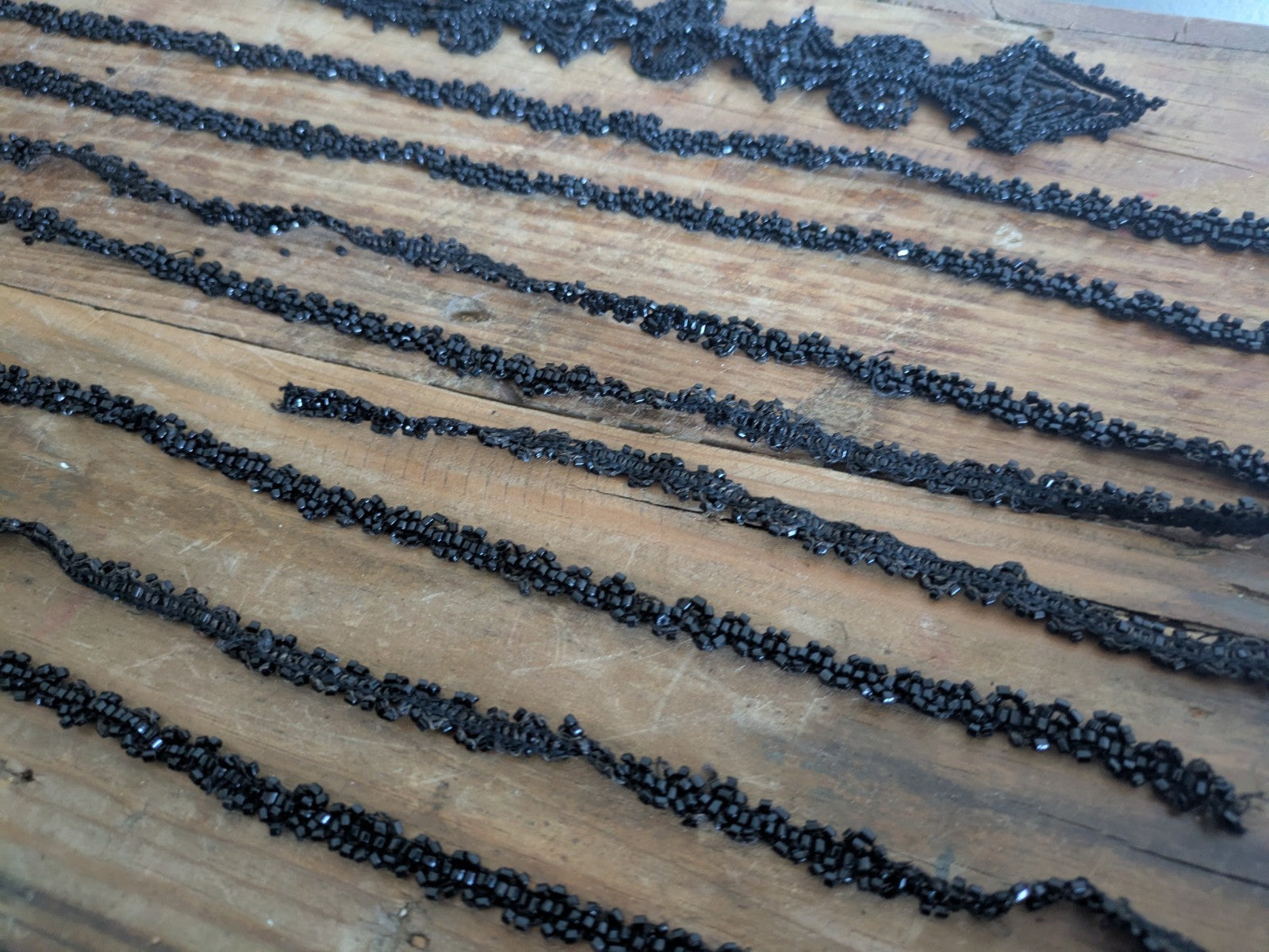 1800s Lot VICTORIAN TRIM Black Beaded Mourning Hand Sewn Applique Haberdashery 