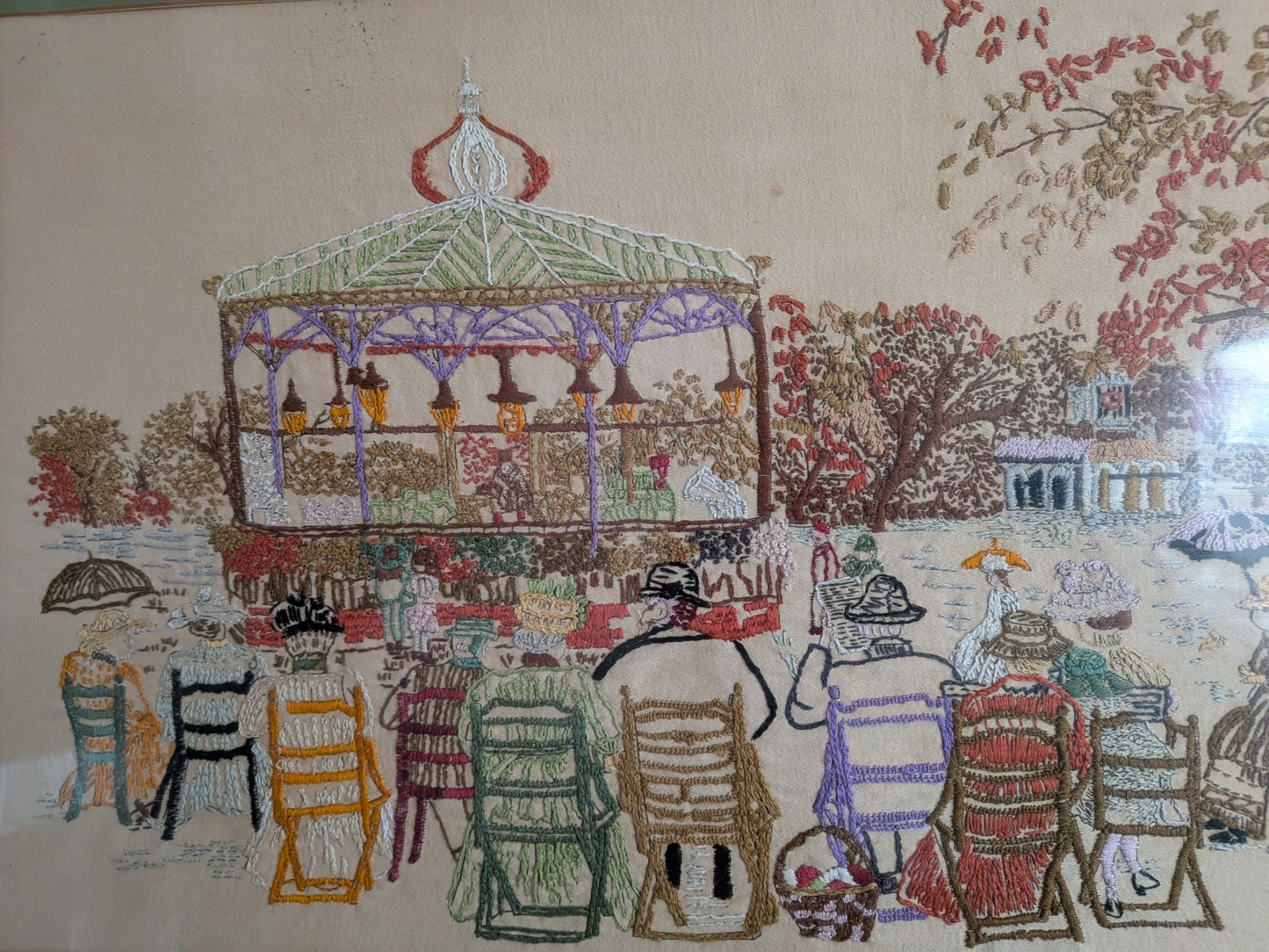 Vintage Cross Stitch Victorian Band Stand Play Framed Embroidery Crewel Large