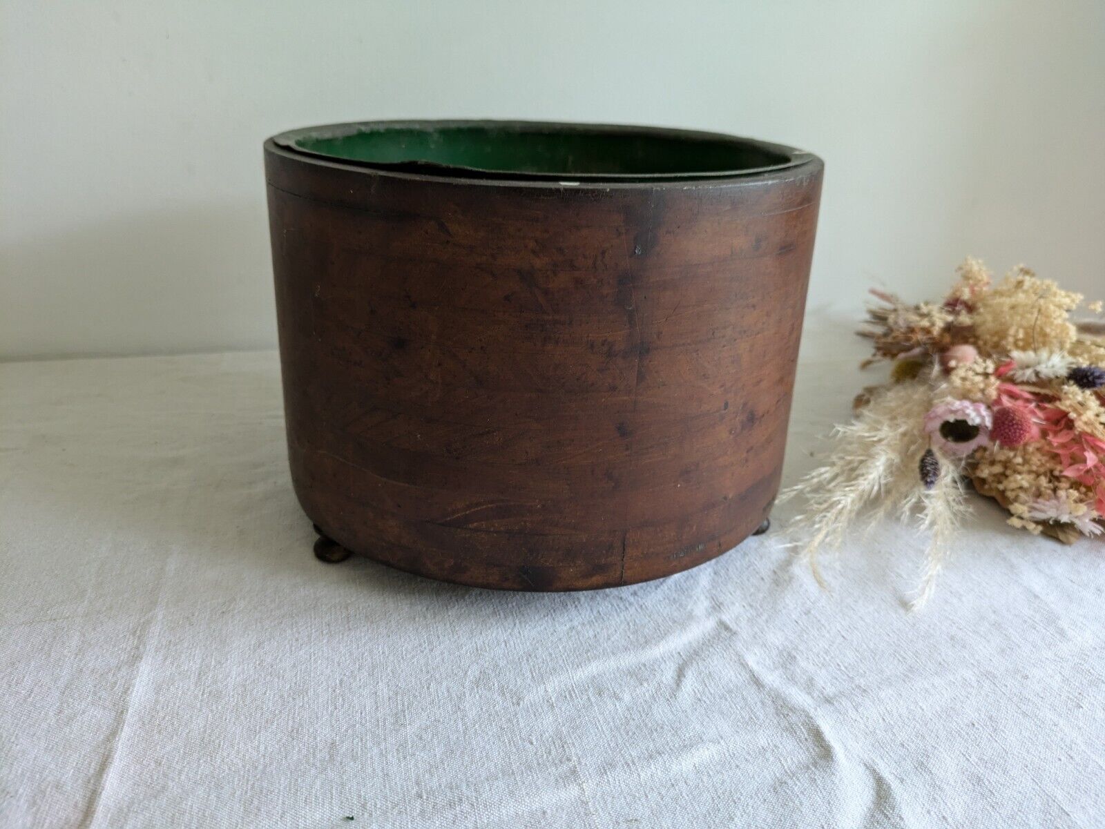ANTIQUE BENTWOOD LINED WOOD ROUND WOODEN PLANTER PLANT POT TREEN VTG JARDINERE