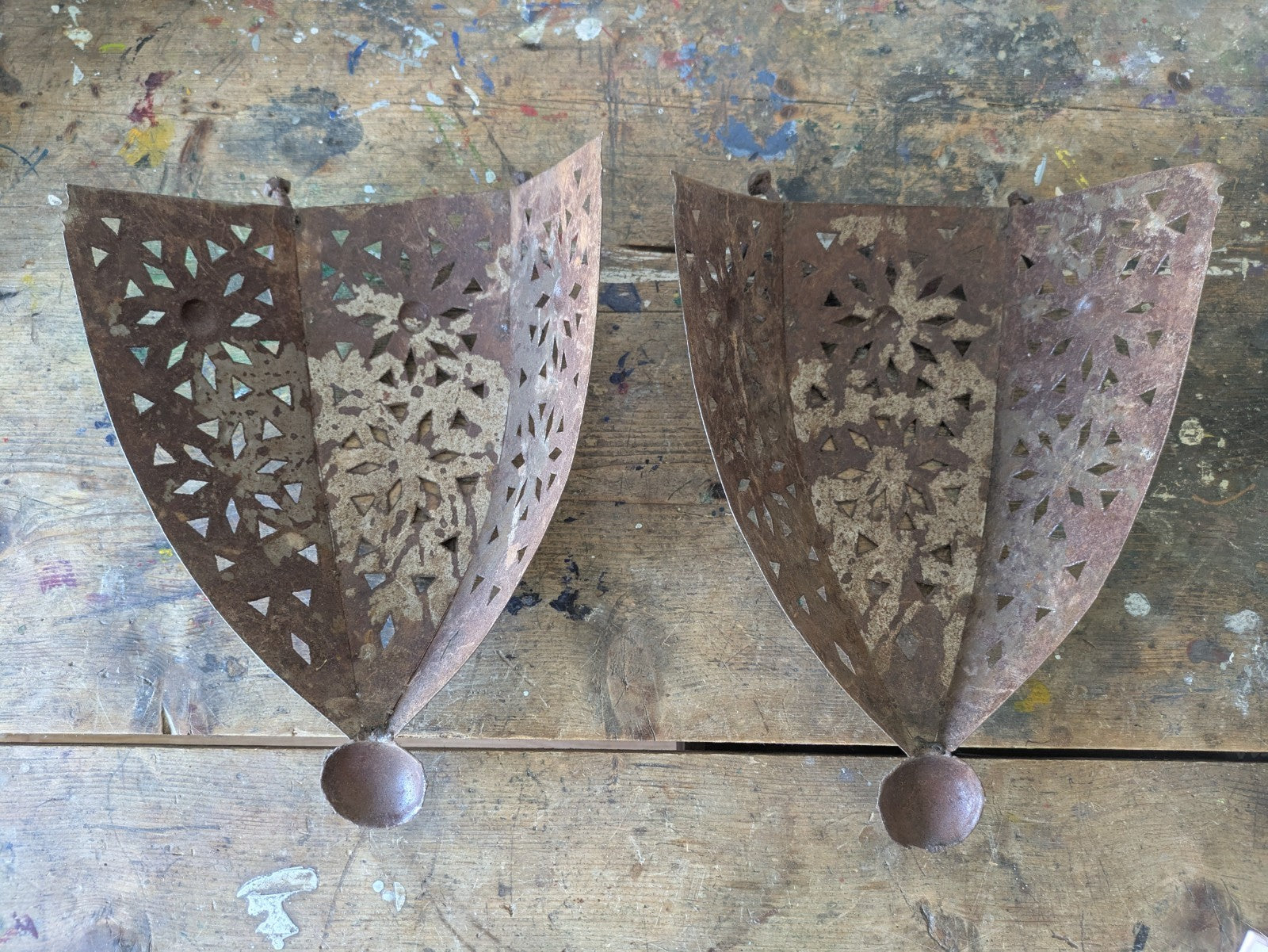 Pair Handmade Pierced Open Iron Moroccan Wall Sconces Lights Candles Lamp Decor
