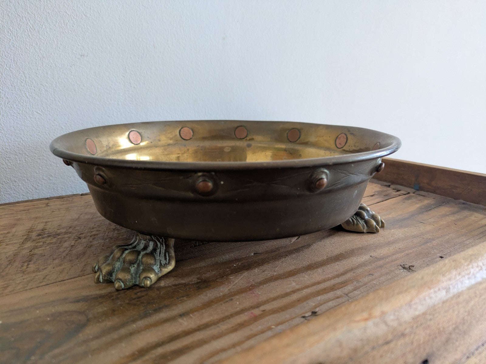 Antique Brass Copper Riveted Jardiniere Lion Paw Feet Plant Stand Bowl Planter