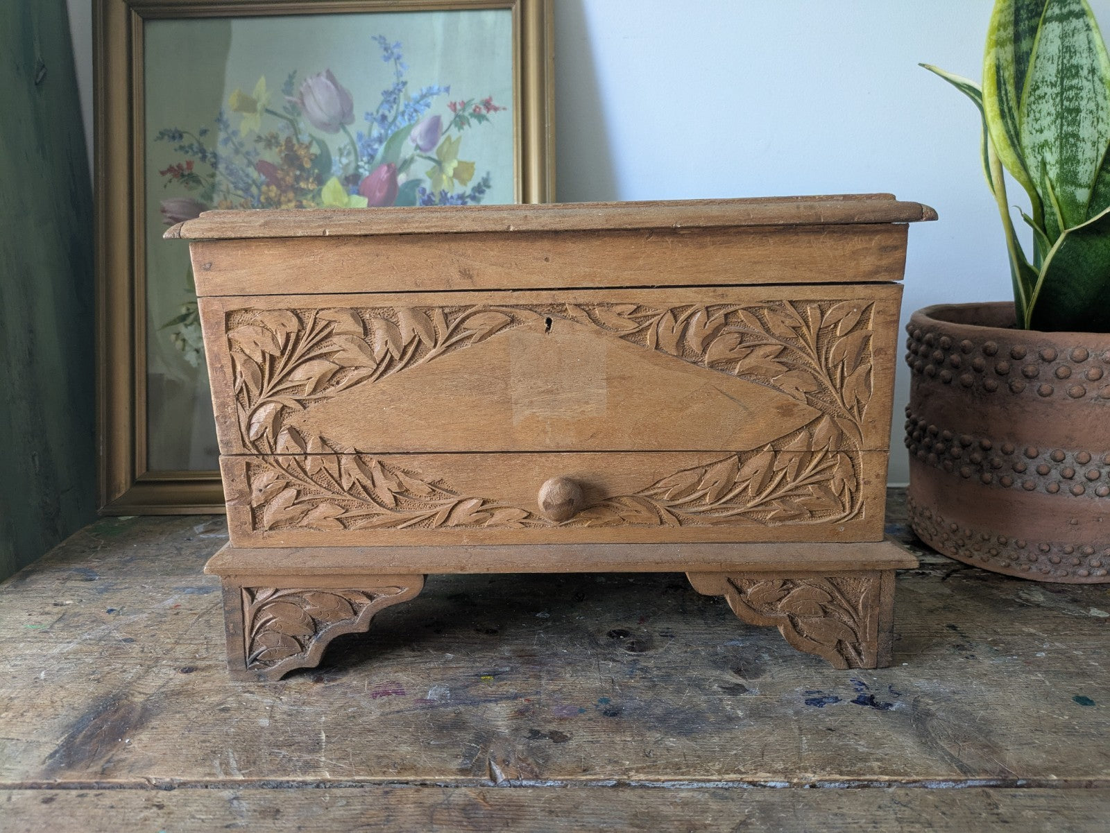 Vintage Hand Carved Indian Wooden Storage Cabinet Chest Trunk Mango Wood Box Sml