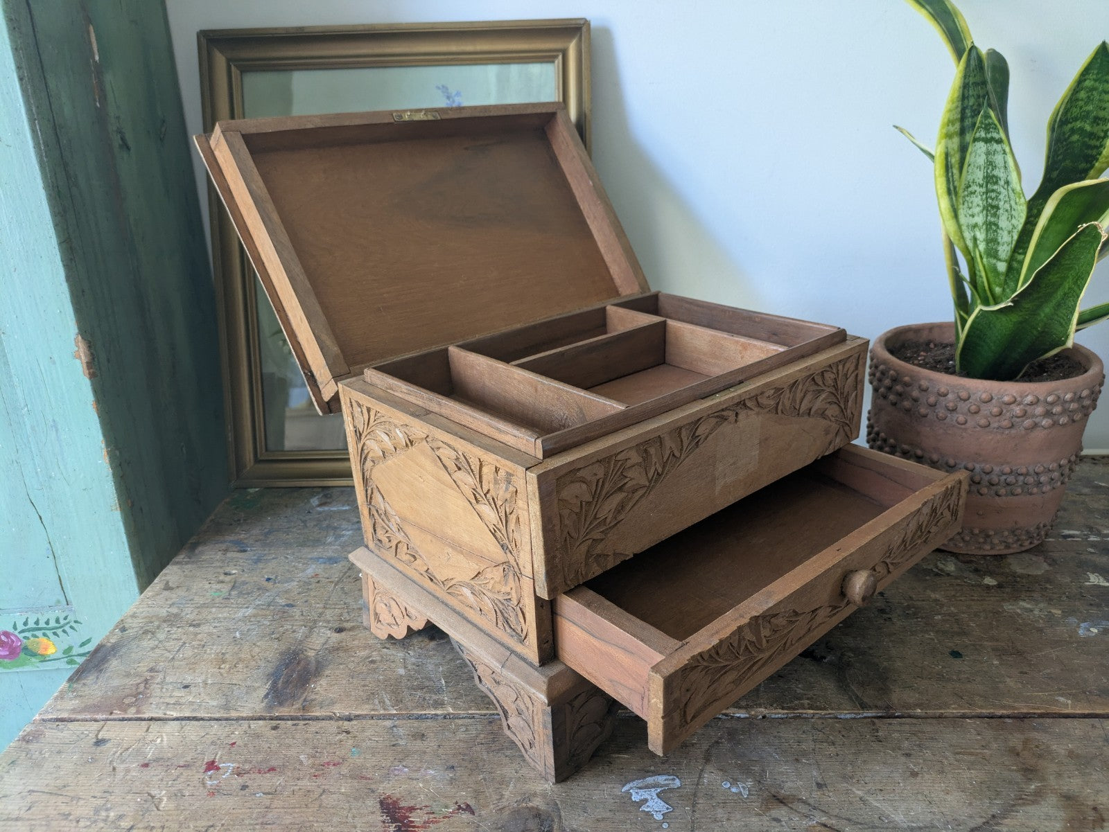 Vintage Hand Carved Indian Wooden Storage Cabinet Chest Trunk Mango Wood Box Sml