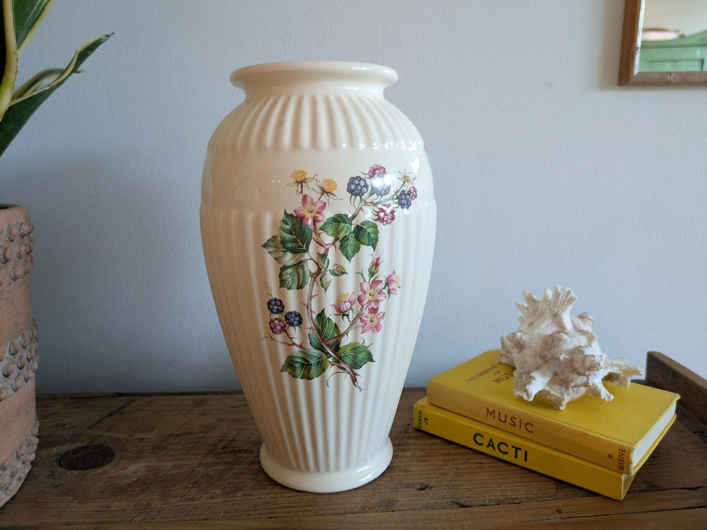 Vintage Large Vase Floral Ceramic Flower Mantle Fruit Blackberries Bramble Old