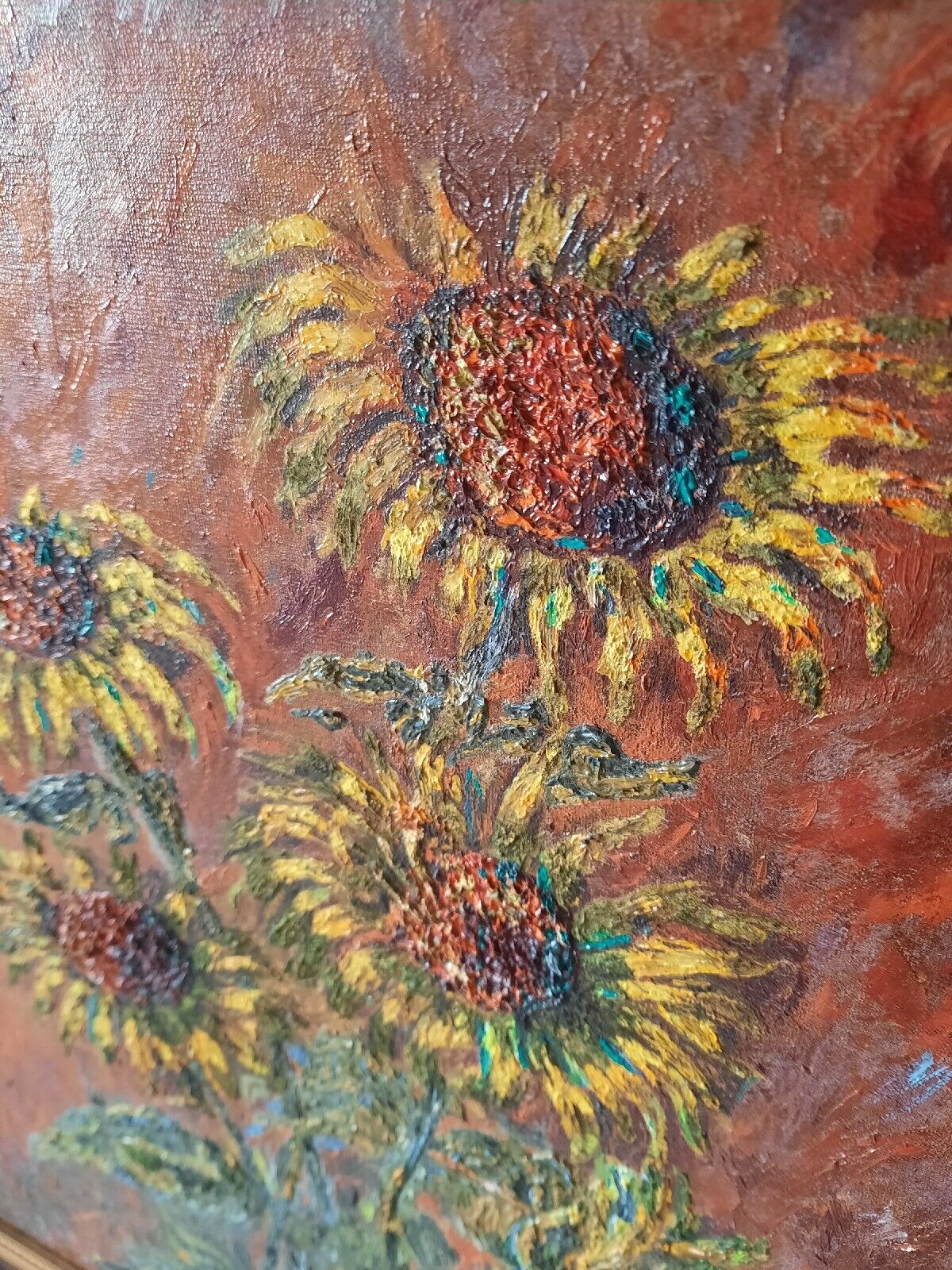 Large Original Vintage 1970s Still Life Of Sunflowers Oil On Board Painting Rare