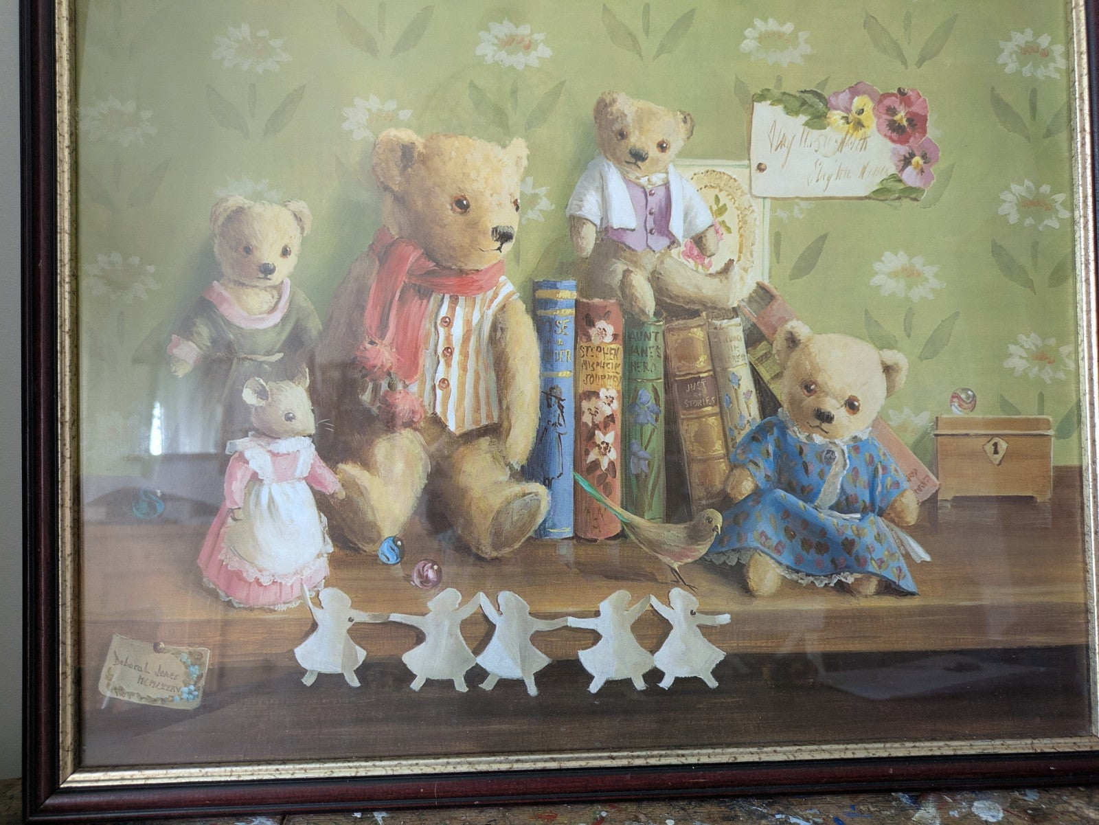 Large Vintage Deborah Jones Teddy Bear Print Framed Nursery Toys Child's Room Vg