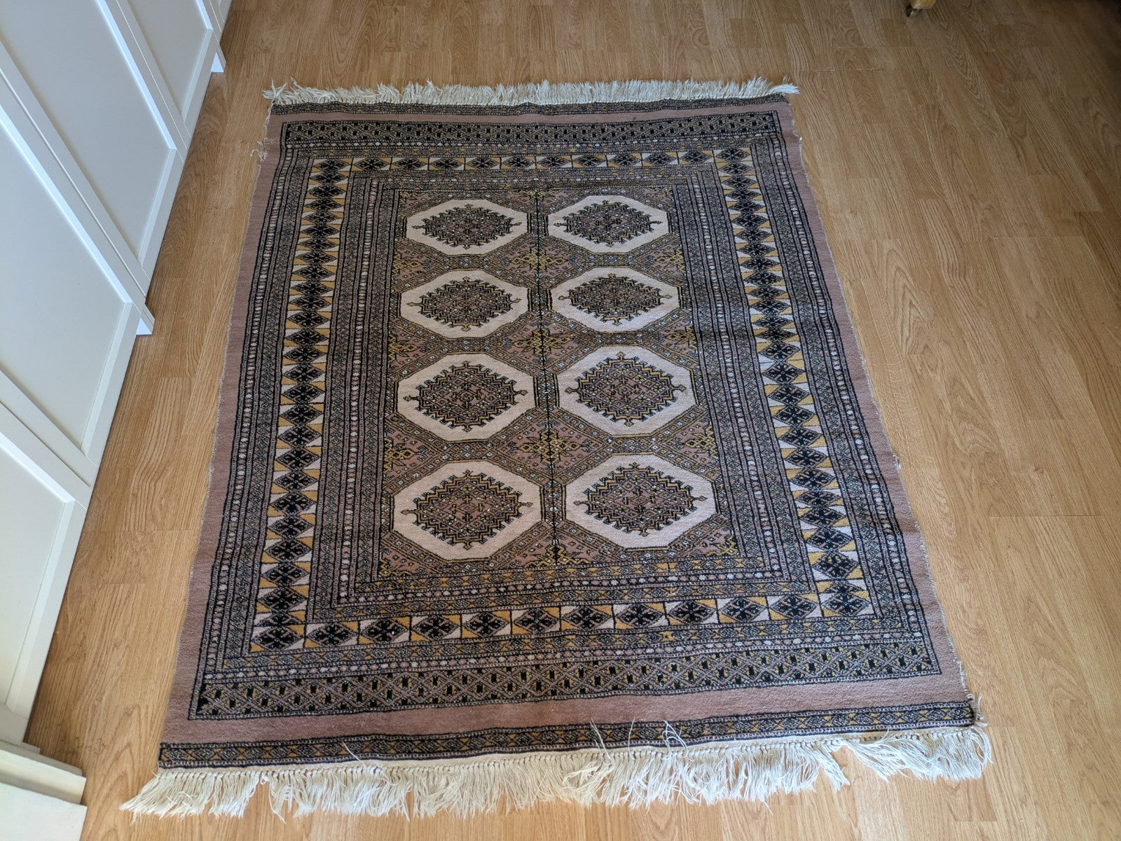 Cream Bokhara Hand Knotted Oriental Wool Afghan Turkmen Area Rug Gul Motif  Vgc