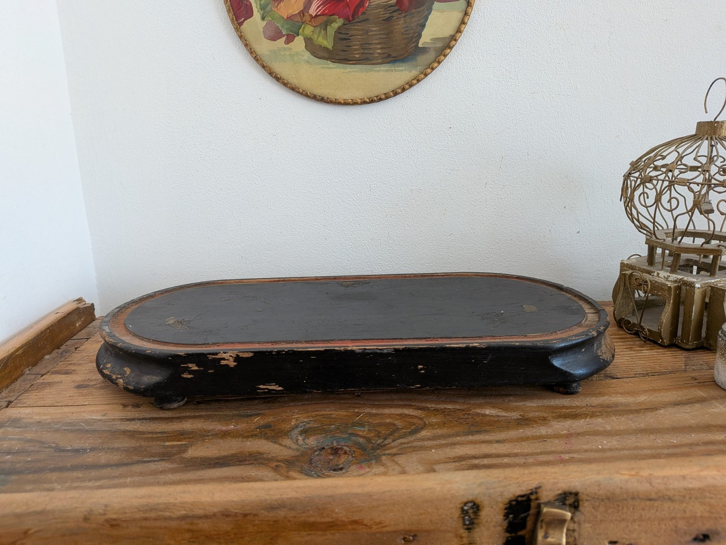Antique Oval Wooden Base for Glass Dome Early 20th-C French Taxidermy Clock Vtg!